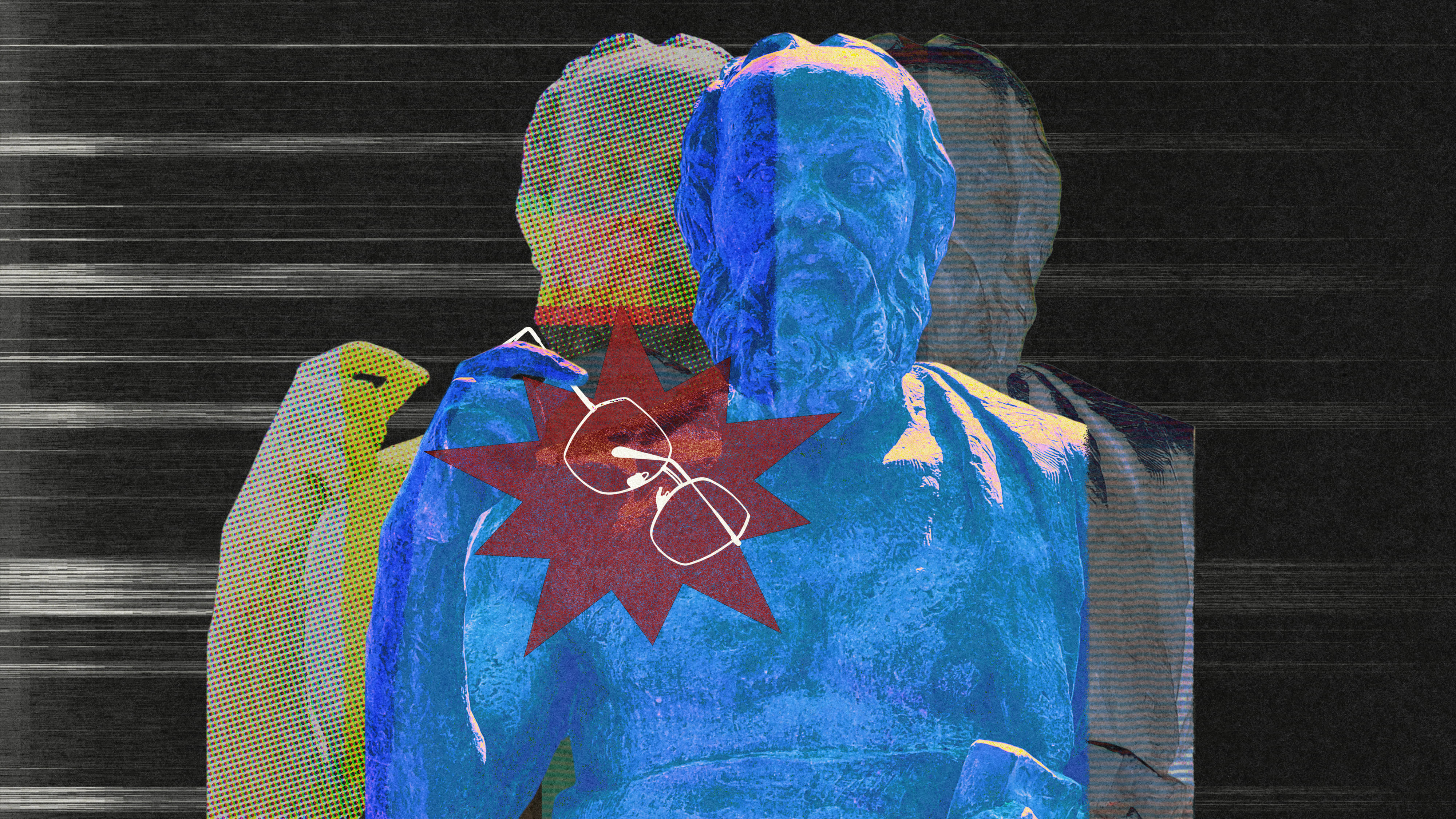 Collage: Eine Statue von Sokrates hält eine Brille in der Hand.