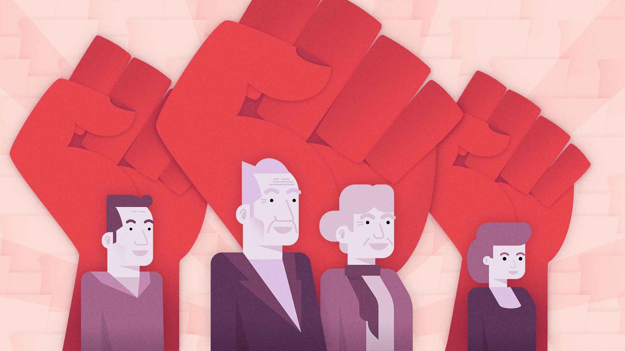 Comic: Vier Rentner:innen stehen im Bild. Hinter ihnen ragen drei große, rote Fäuste in die Luft. 