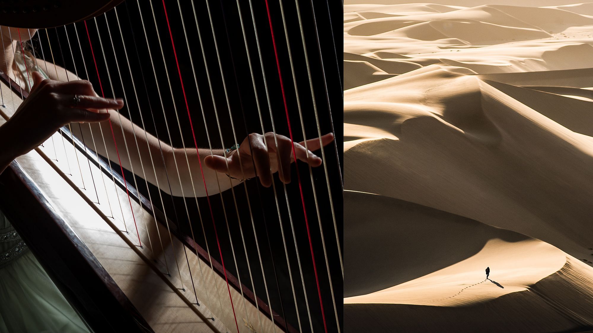Links: eine Person spielt Harfe. Rechts eine Person läuft einsam über eine Düne.