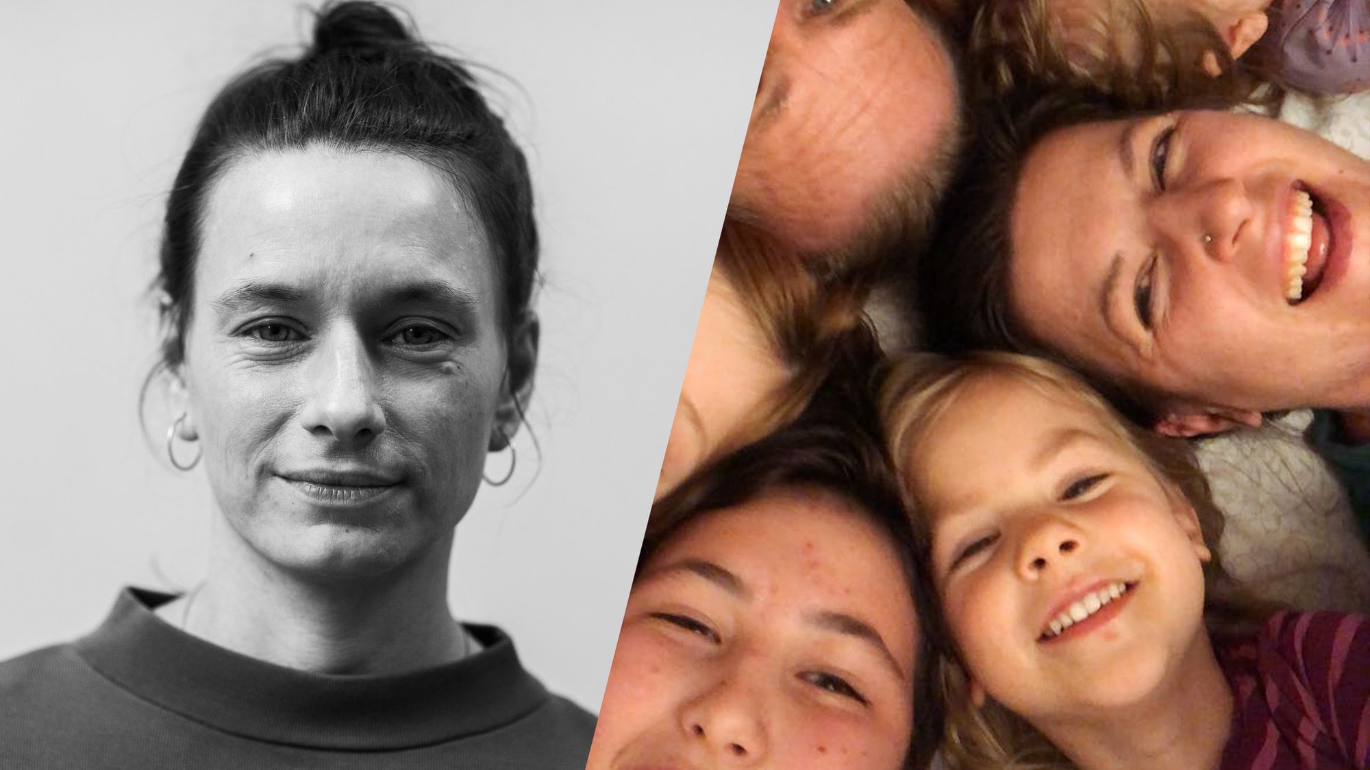 Man sieht ein Doppelbild: Links ein Schwarz-Weiß-Portrait der Autorin Esther Göbel, in der rechten Bildhälfte ein farbiges Foto von Annas Familie, auf der sie mit ihrem Mann und allen vier Kindern zu sehen ist. Alle lachen.