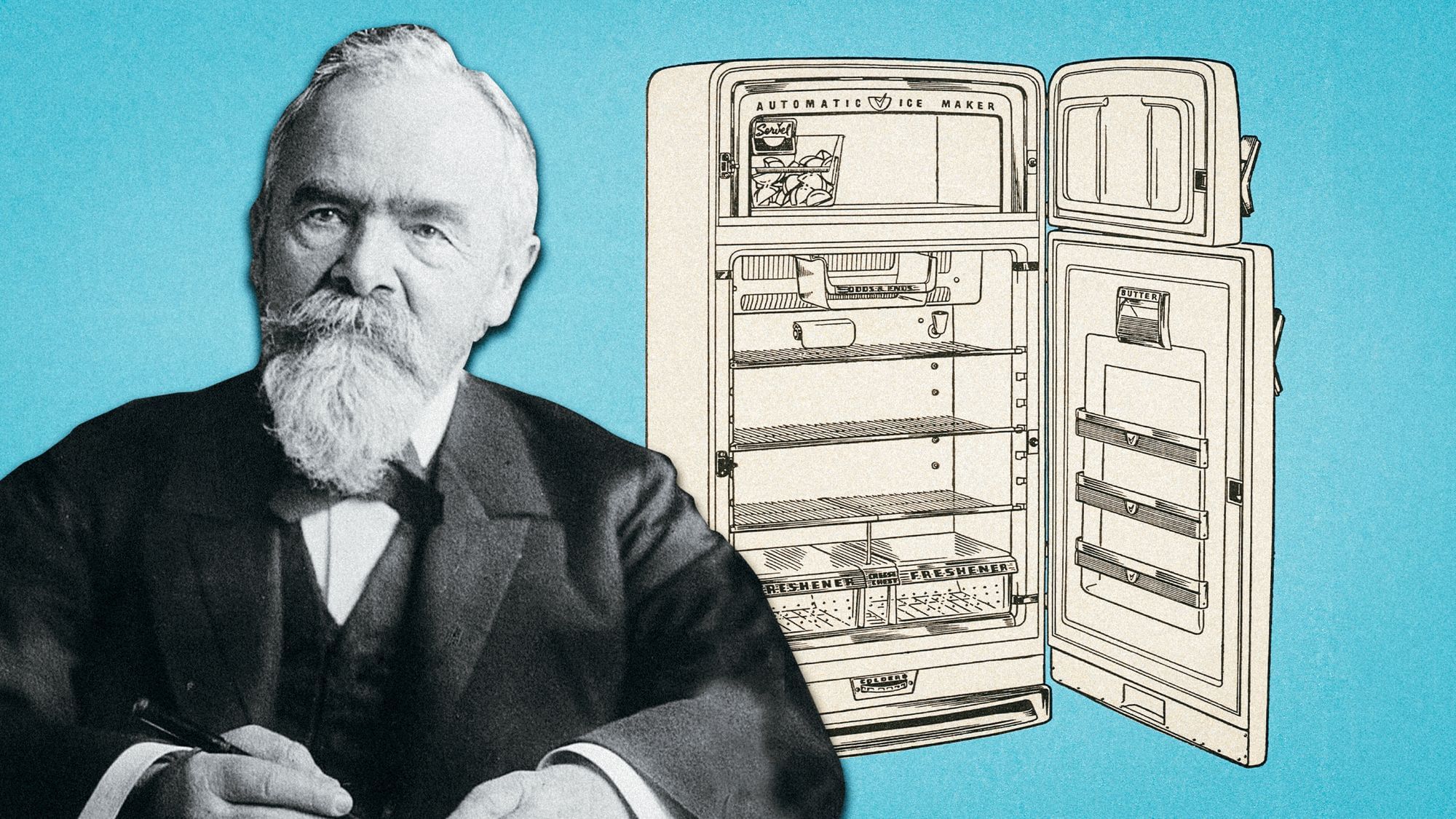 Eine Montage von Carl Linde und der Zeichnung eines Kühlschranks