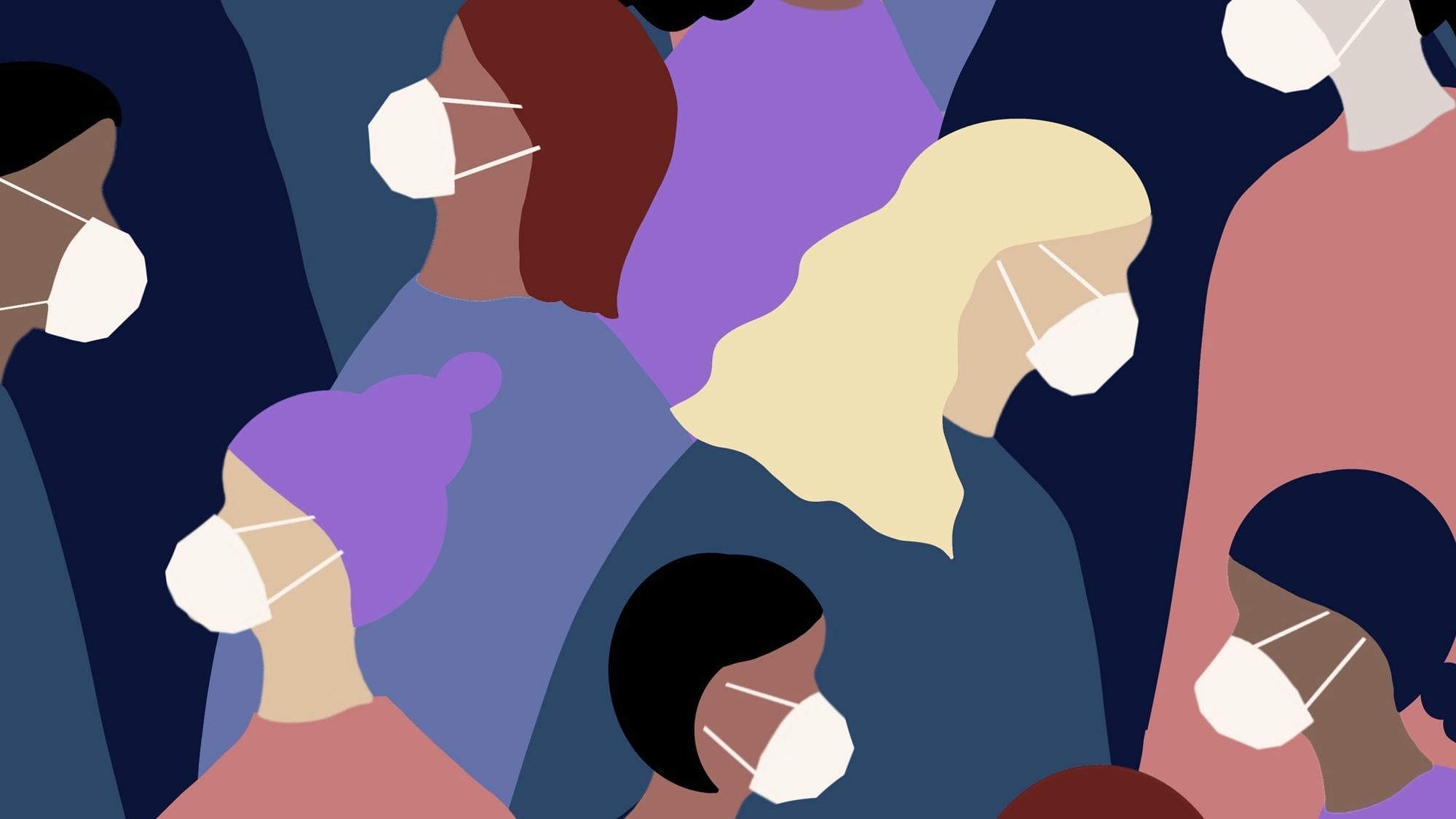 Illustration von Menschen unterschiedlicher Hautfarbe mit Masken.