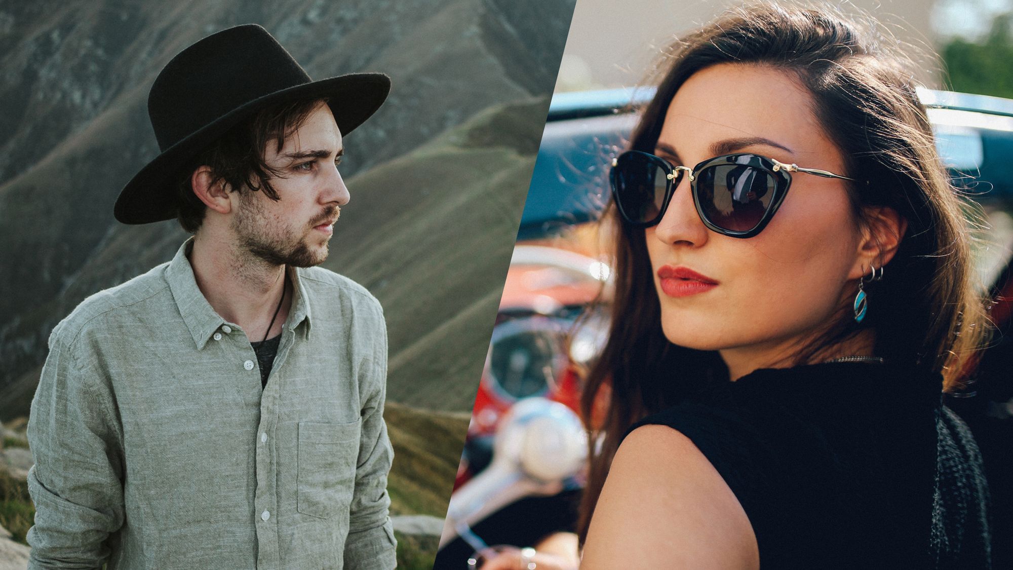 Wir sehen links einen Mann vor einem Gebirge, er sieht etwas blass aus – und rechts im Bild eine reiche Frau, die sich zur Kamera dreht, sie sitzt in ihrem Auto, ein Cabriolet. 