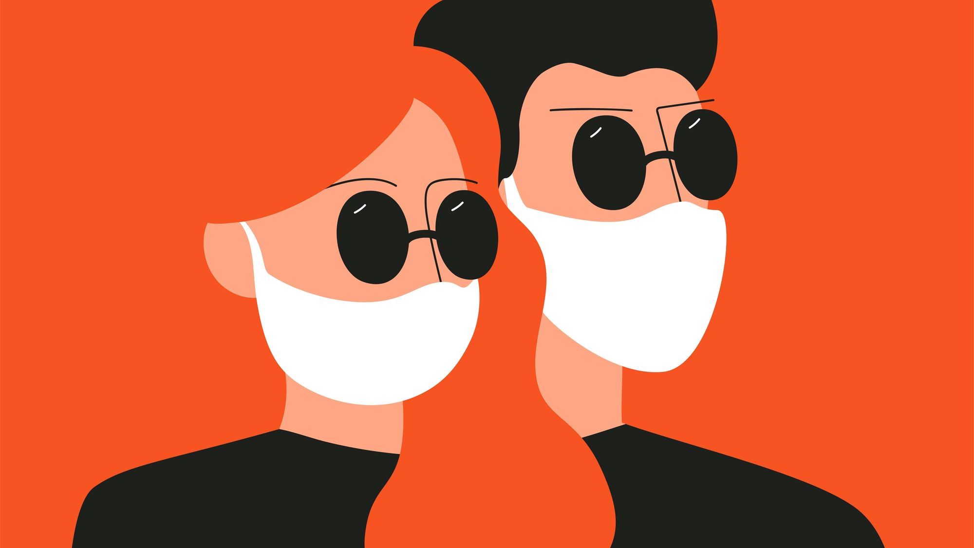 Wir sehen zwei Menschen – es ist eine Illustration und kein Foto – und beide tragen Maske. 