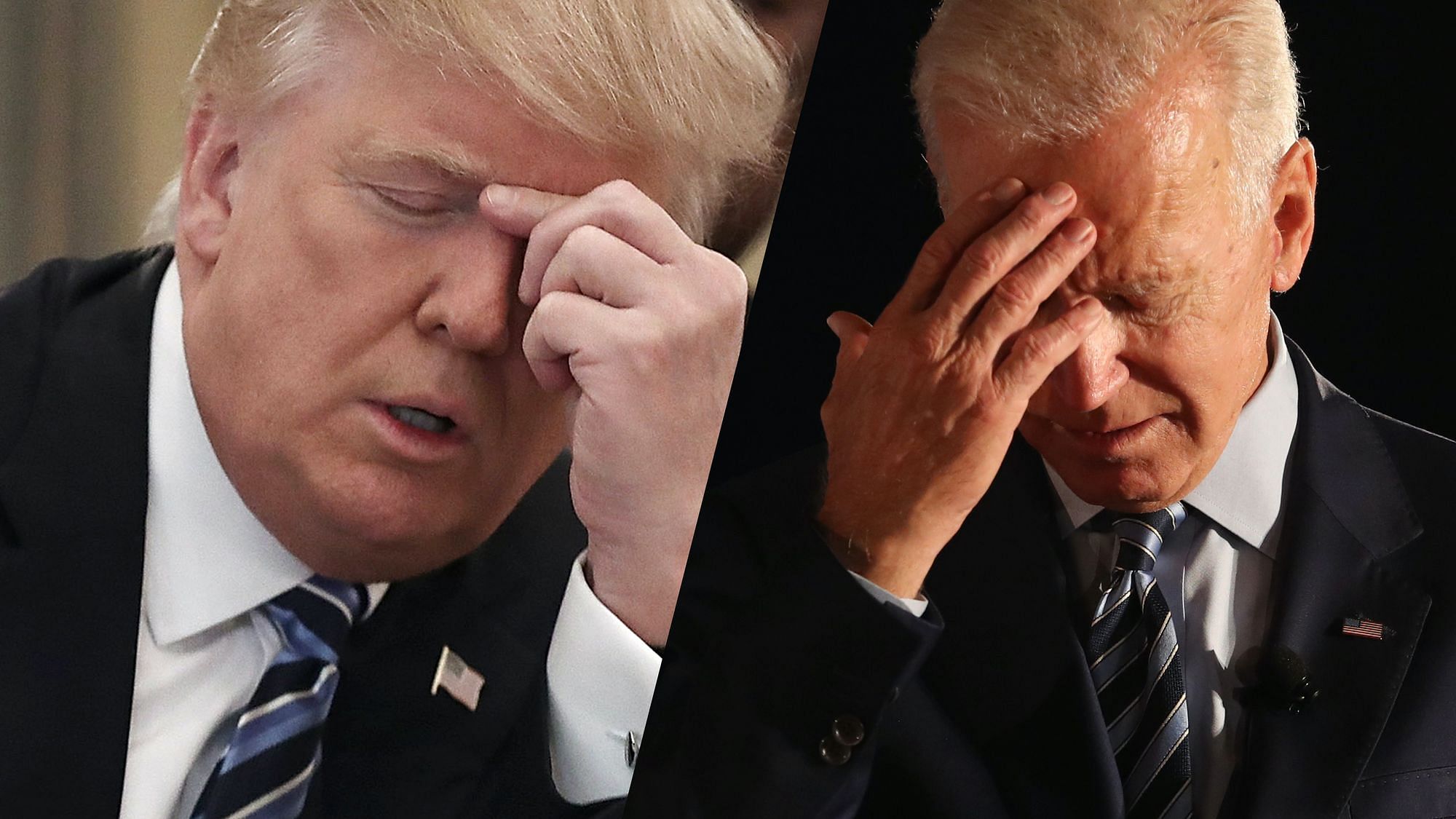 Links im Bild sehen wir Trump, der sich an den Kopf fasst und rechts tut Biden dasselbe.