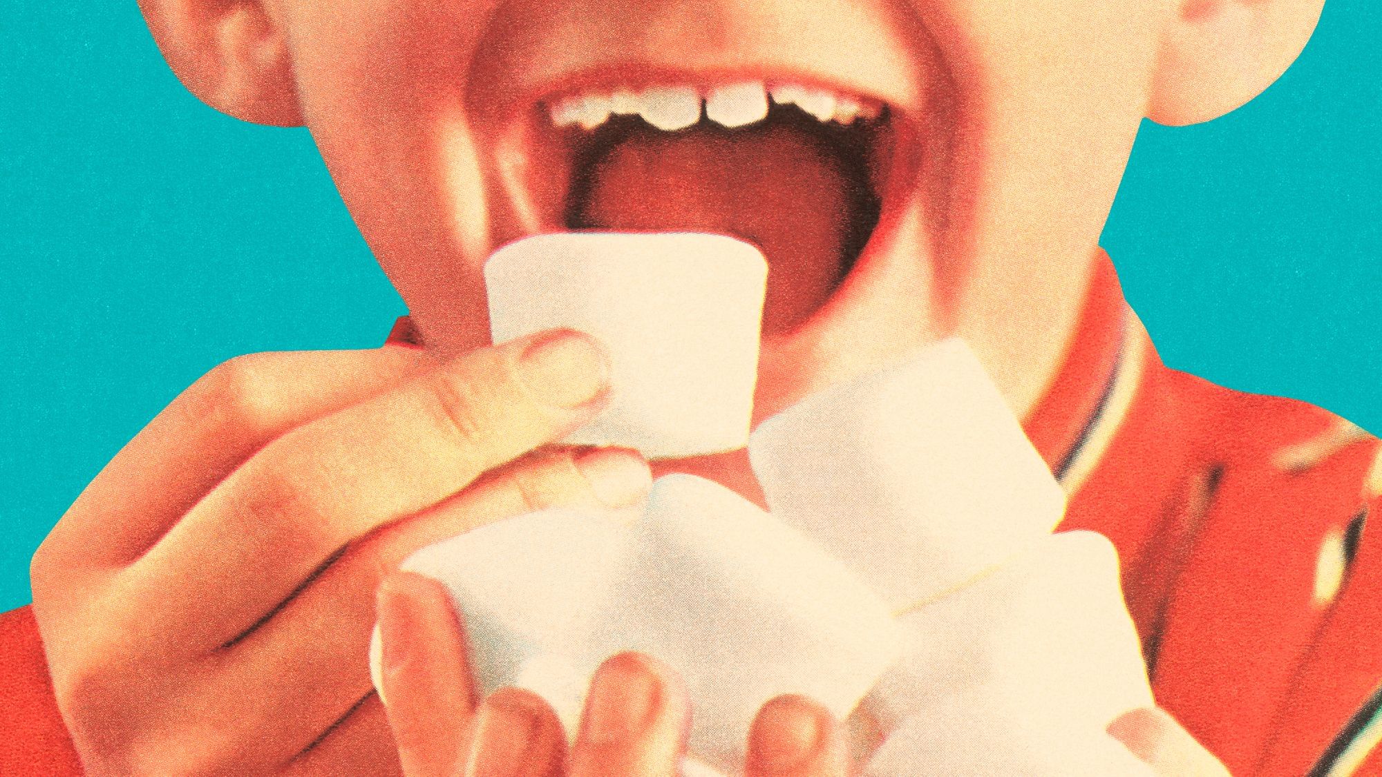 Illustration der Mundpartie eines Jungen welcher ein Marshmellow verspeist.