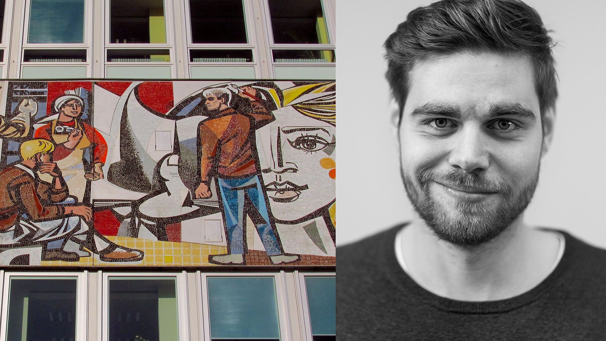 Sozialistisches Wandbild am Hause des Lehrers mit dem Bild des Autors angegliedert.