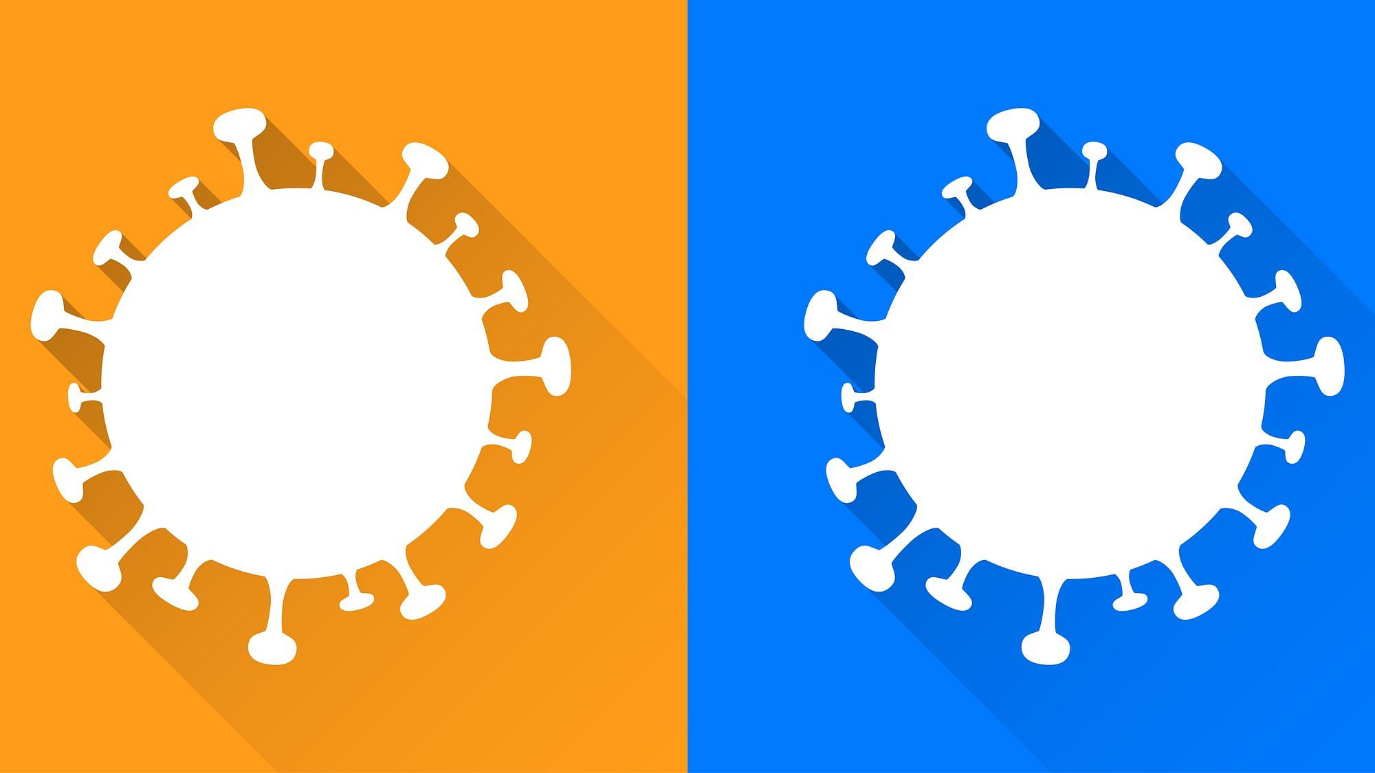 Wir sehen zwei stilisierte Viren: eins vor einem orangenen Hintergrund, eines vor einem blauen Hintergrund