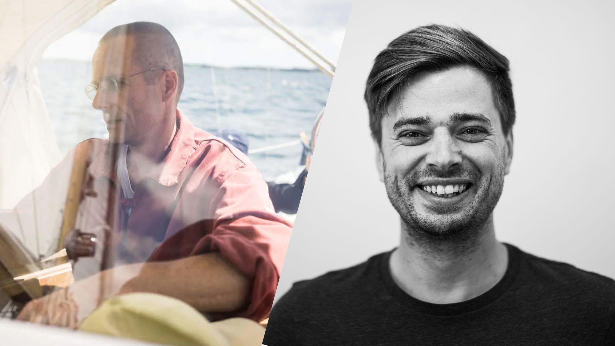 Wir sehen einen Mann auf einem Segelboot auf der linken Seite, rechts daneben ist das Krautreporter-Logo.