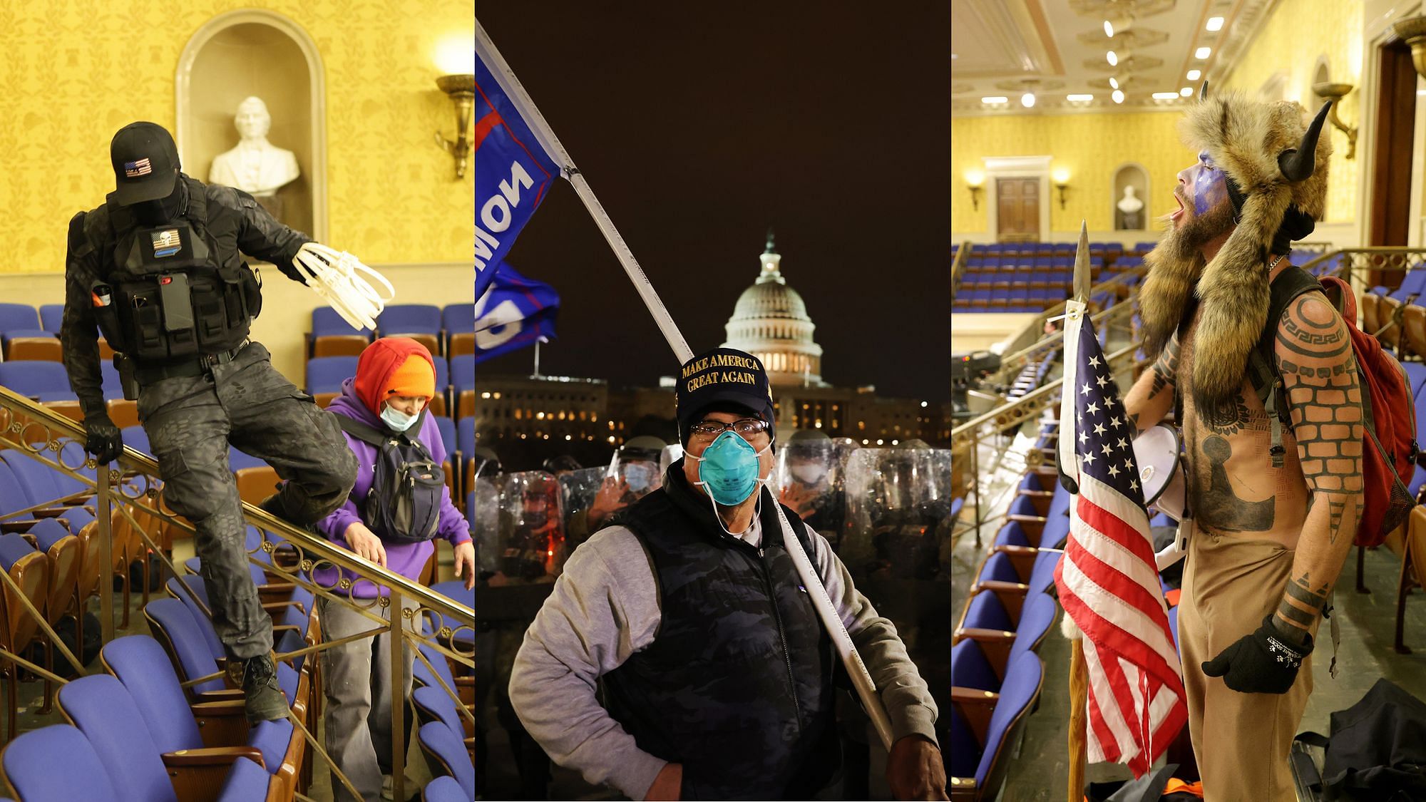 Triptychon, v.l.n.r: Paramilitärisch gekleideter Mann spring mit einer Hand über eine niedrige Abtrennung in der anderen hat er Fesseln; Mann mit MNS und Trump Flagge vor Polizeiabsperrung und US Capitol dahinter; Mann röhrt mit USFlagge in der Hand und gehörnter Fellmütze.