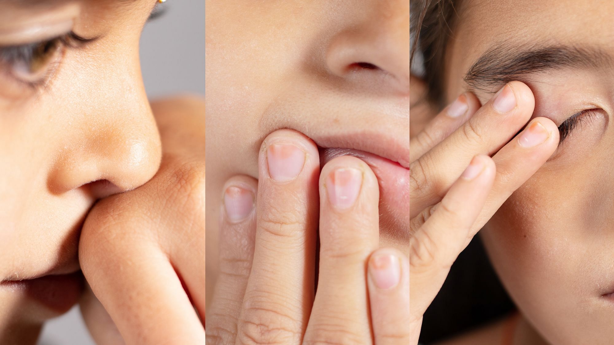 Collage von einer Person welche ihre Nase, Augen und Mund berührt 