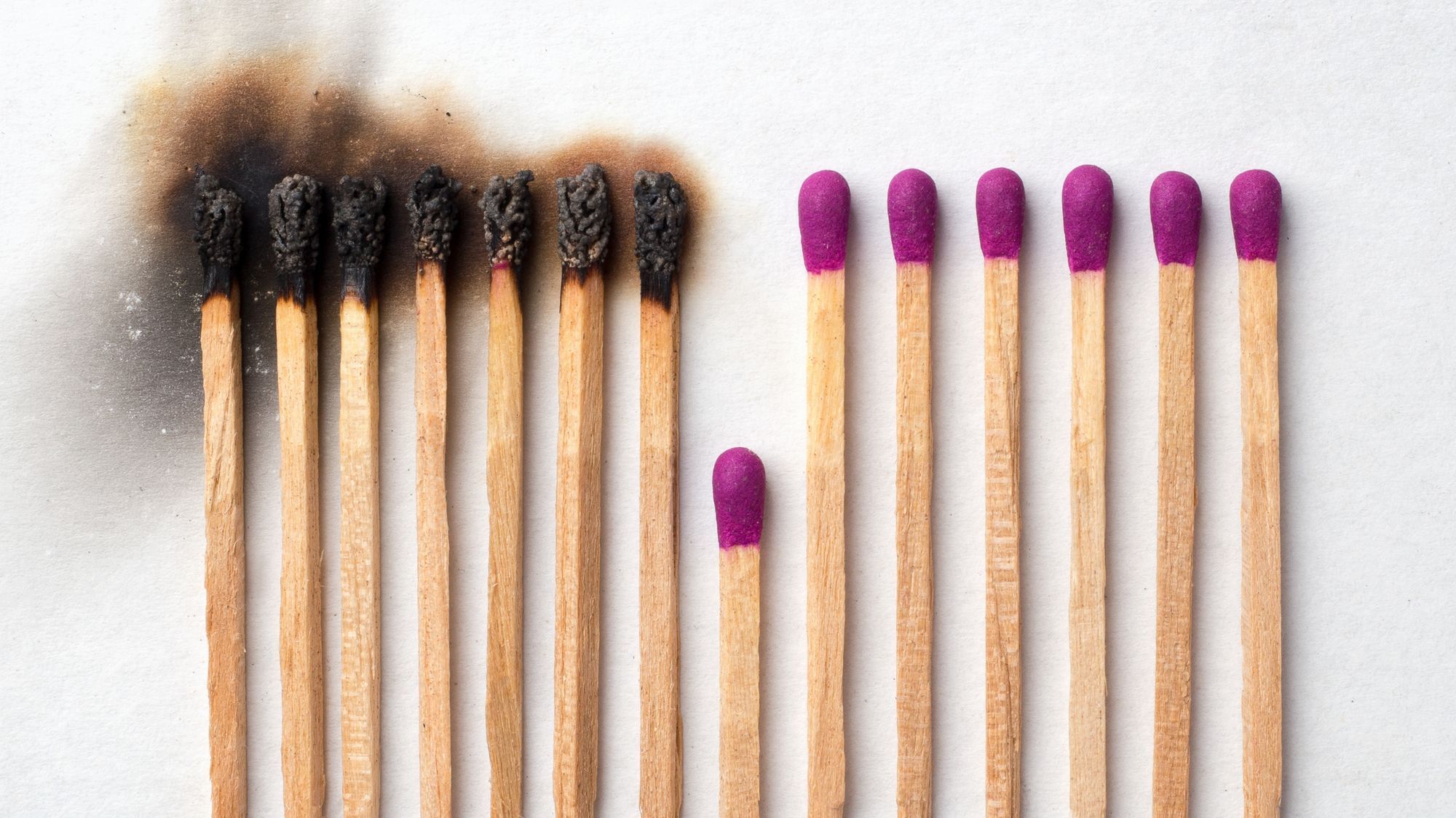 Eine Reihe von Streichhölzern liegt aufgereiht aneinander, links abgebrannt und durch das herunterziehen eines Hölzchens, rechts unverbraucht.