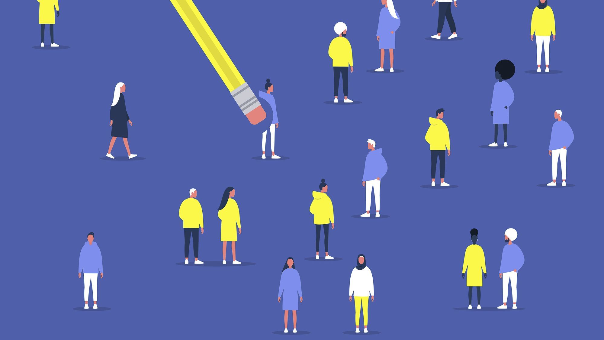 Illustration, eine Person wird mit dem Radiergummi-ende eines Bleistifts aus der Gemeinschaft gelöscht.