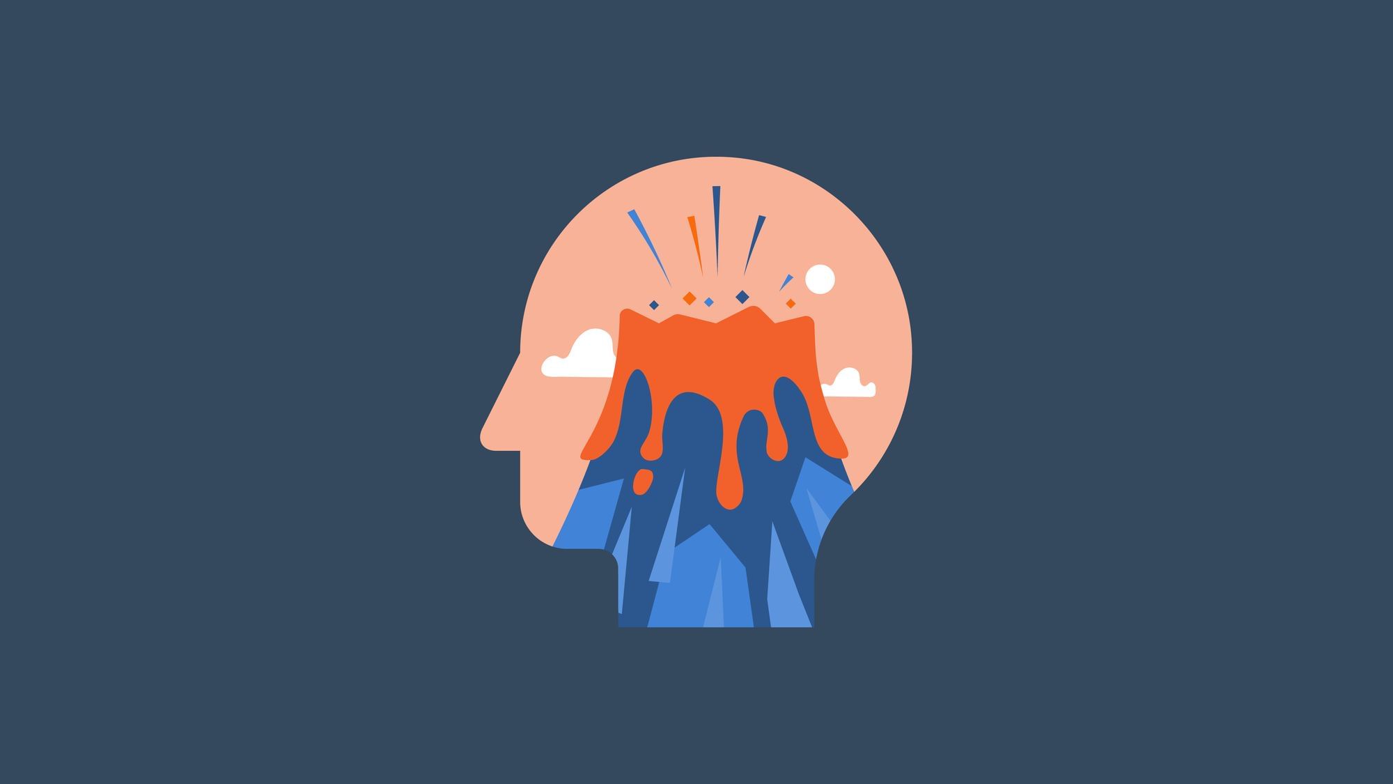 Illustration eines Vulkanausbruch im Kopf als Repräsentation für das Gefühl psychischer Anspannung