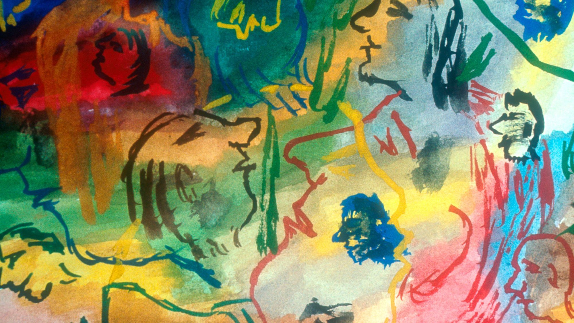 Kunstwerk einer von Schizophrenie betroffenen Person. Wir sehen viele durcheinander durcheinander-gewirbelte Farben, in welchen Silhouetten und Schemen von Menschen erkennbar sind.