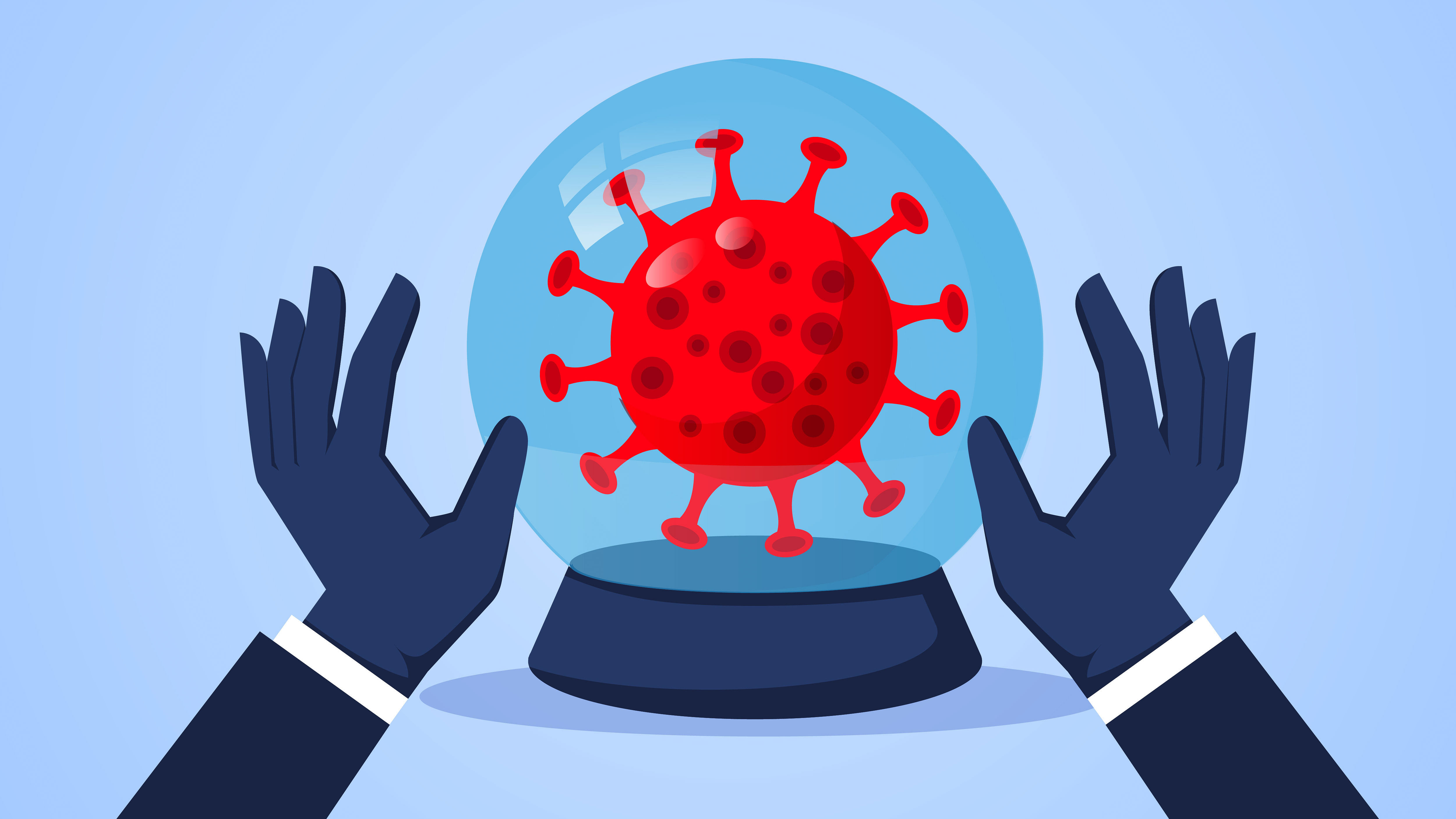 Illustration zweier Hände betten eine Glaskugel mit einem stilisierten Corona Virus an.