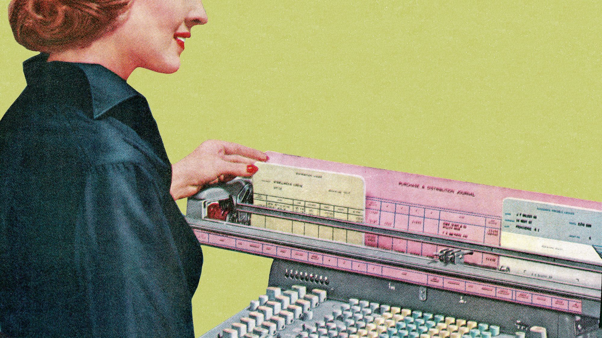 Illustration (ca 1950) einer Frau mit welche eine Lochkarte in ein Schreibgerät einfügt.
