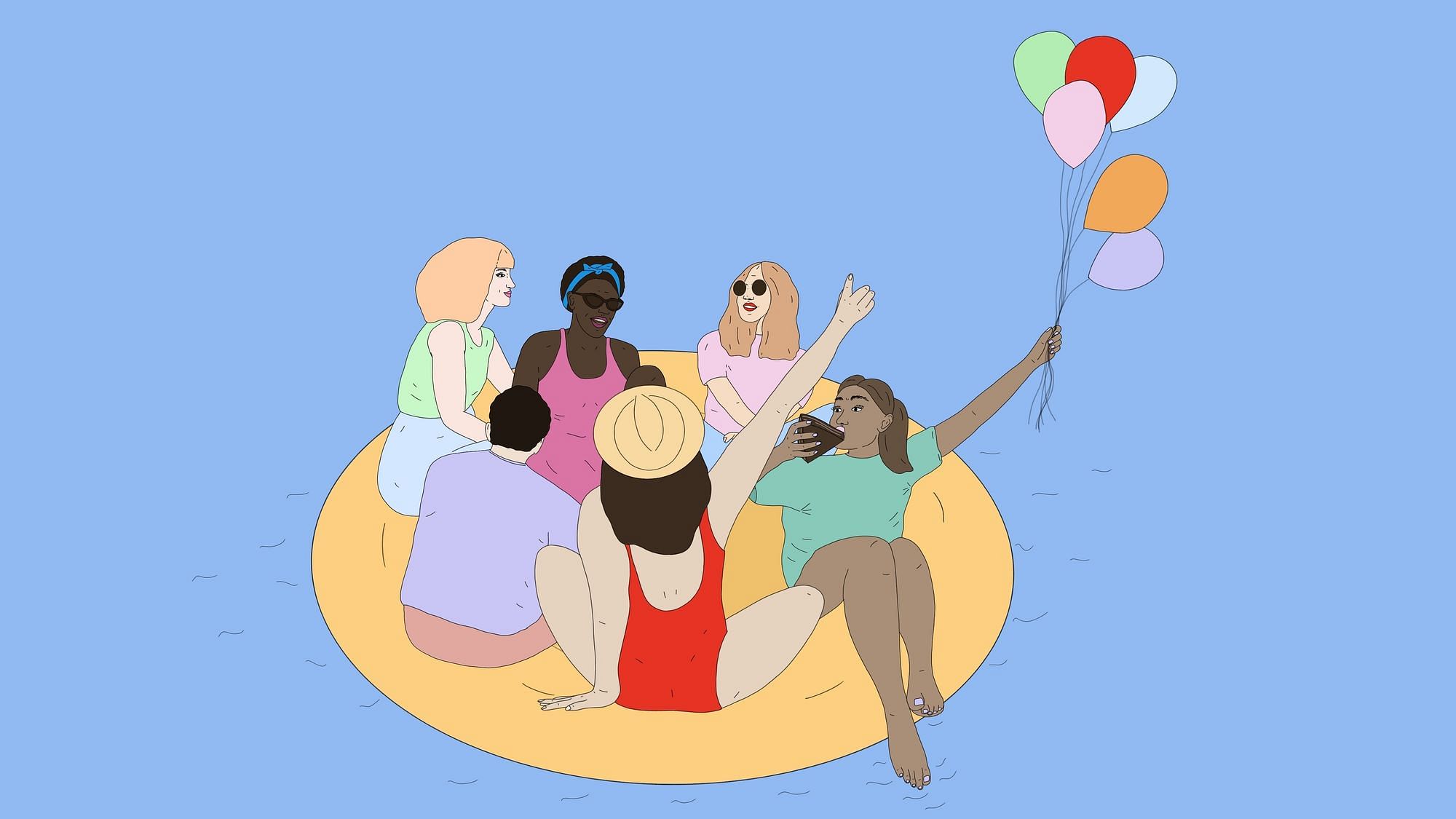 Eine Gruppe weiblich gelesener Menschen sitzt sommerlich gekleidet auf einer Decke mit Luftballons und feiert.