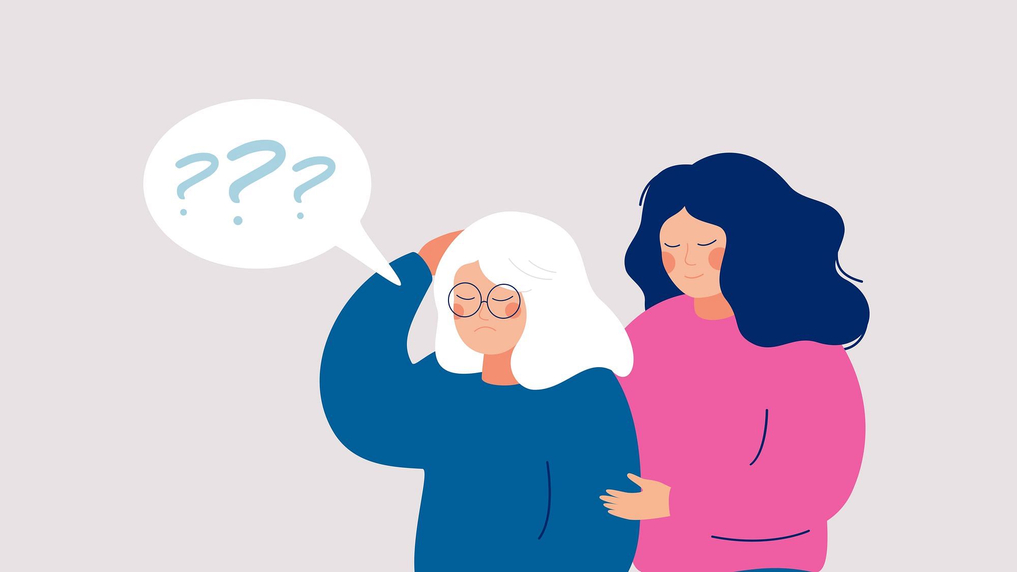 Illustration, eine weiblich gelesene Person hilft einer anderen weiblich gelesenen Person welche eine Sprechblase mit Frageziechen über dem Kopf hat und sich an diesen fasst