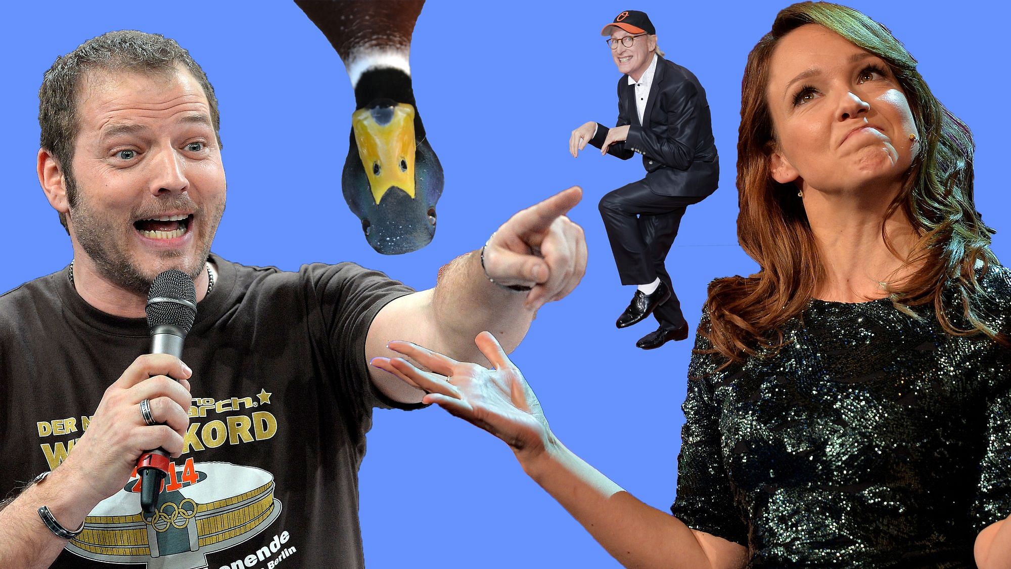 Eine Collage bestehend aus einem wild gestikulierenden Mario Barth, einem Erpel umgekehrt von der Decke, Otto im Schleichmodus und die schulterzuckende Caroline Kebekus.