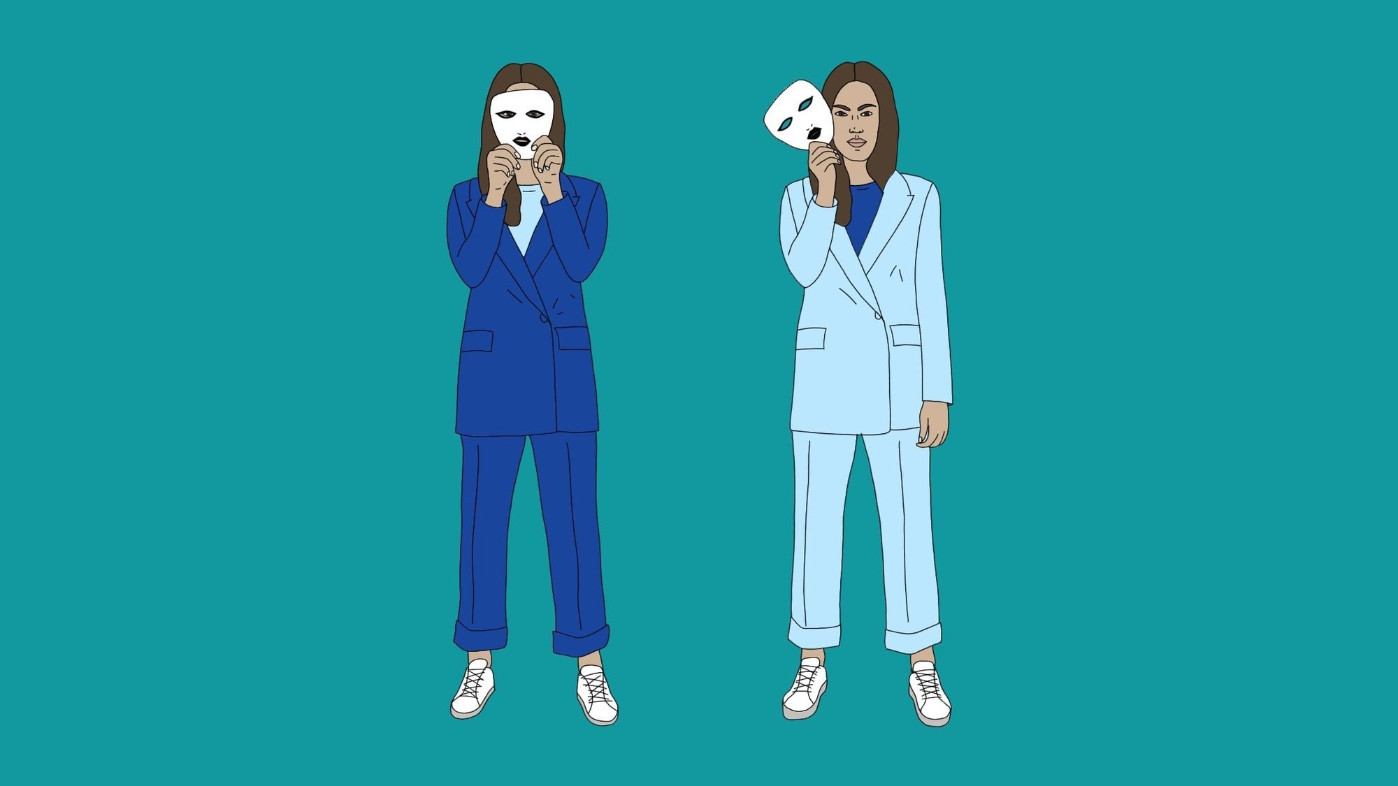 Illustration zweier weiblich gelesenen Personen in Anzügen, welche die gleiche Person zu sein scheinen. Die Person links hält eine audruckslose Maske vor das Gesicht, die Person rechts hat diese Maske abgehoben und das Gesicht ist erkennbar.
