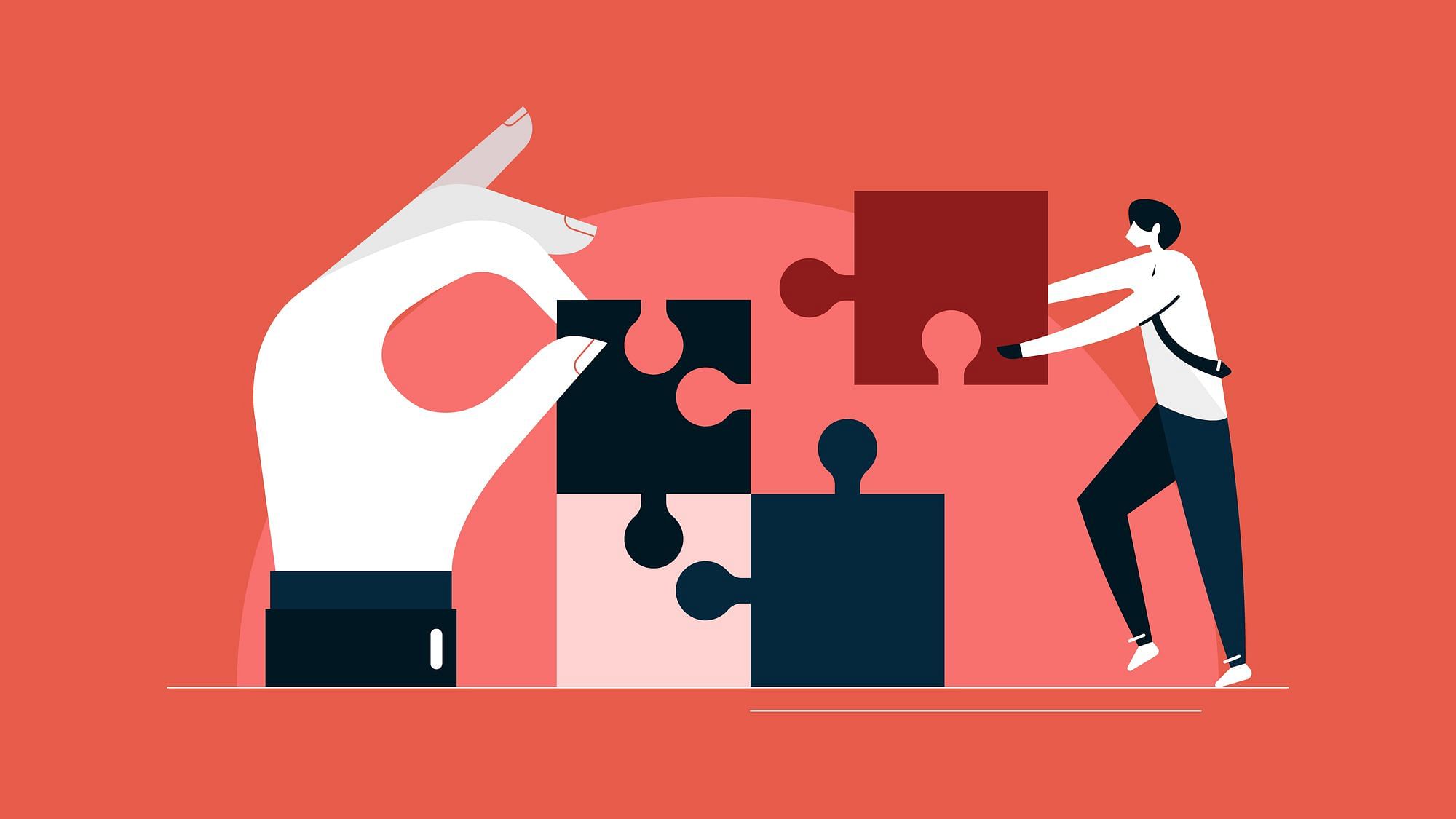 Illustration, eine Hand und eine Person setzen vier Puzzelstücke zusammen.