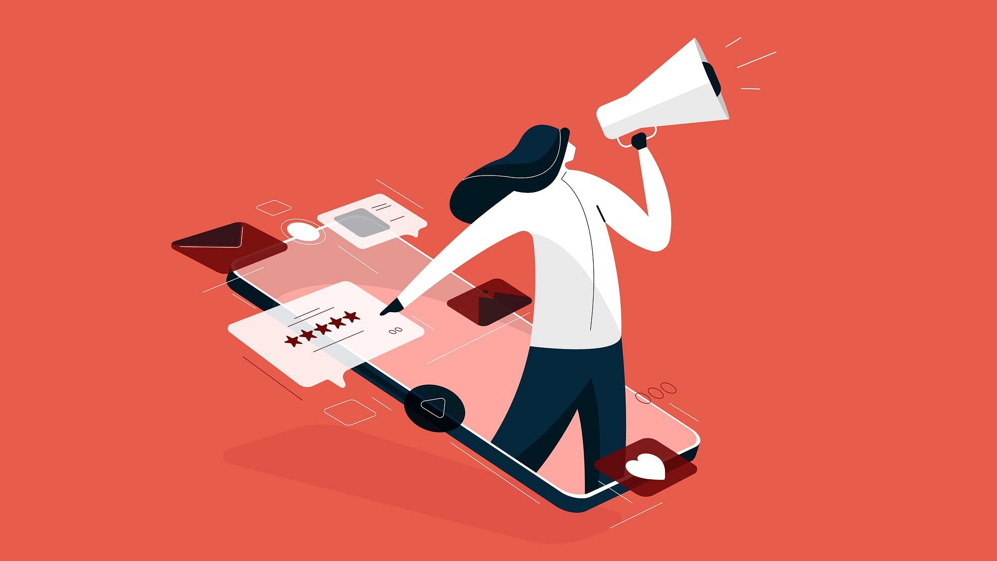 Weibliche Person steigt aus einem Smartphone auf, ein Megaphone hochhaltend und auf das Display weisend.