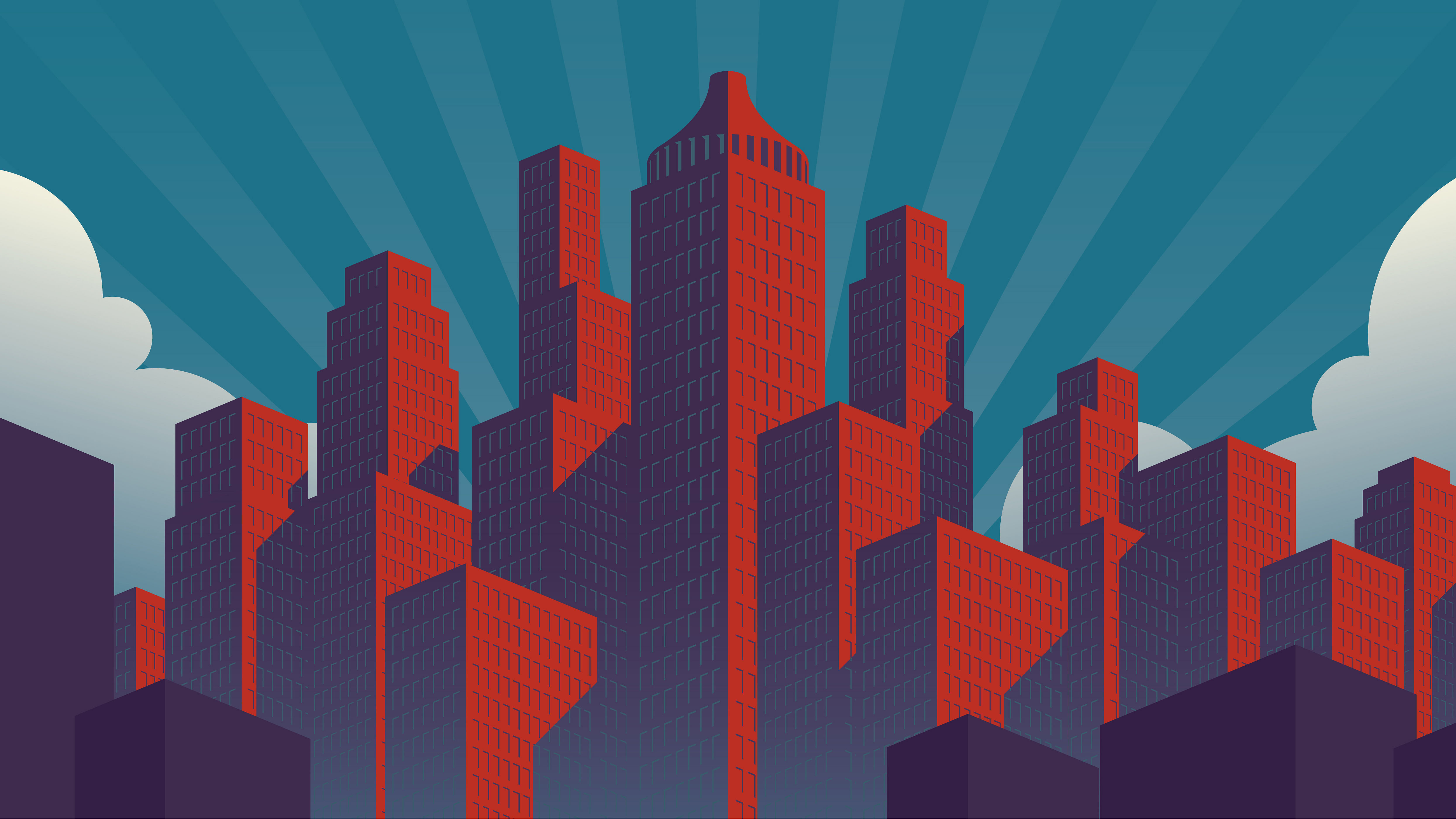 Stadt Illustration mit roten Gebäude auf eine strahlend blauem Himmel