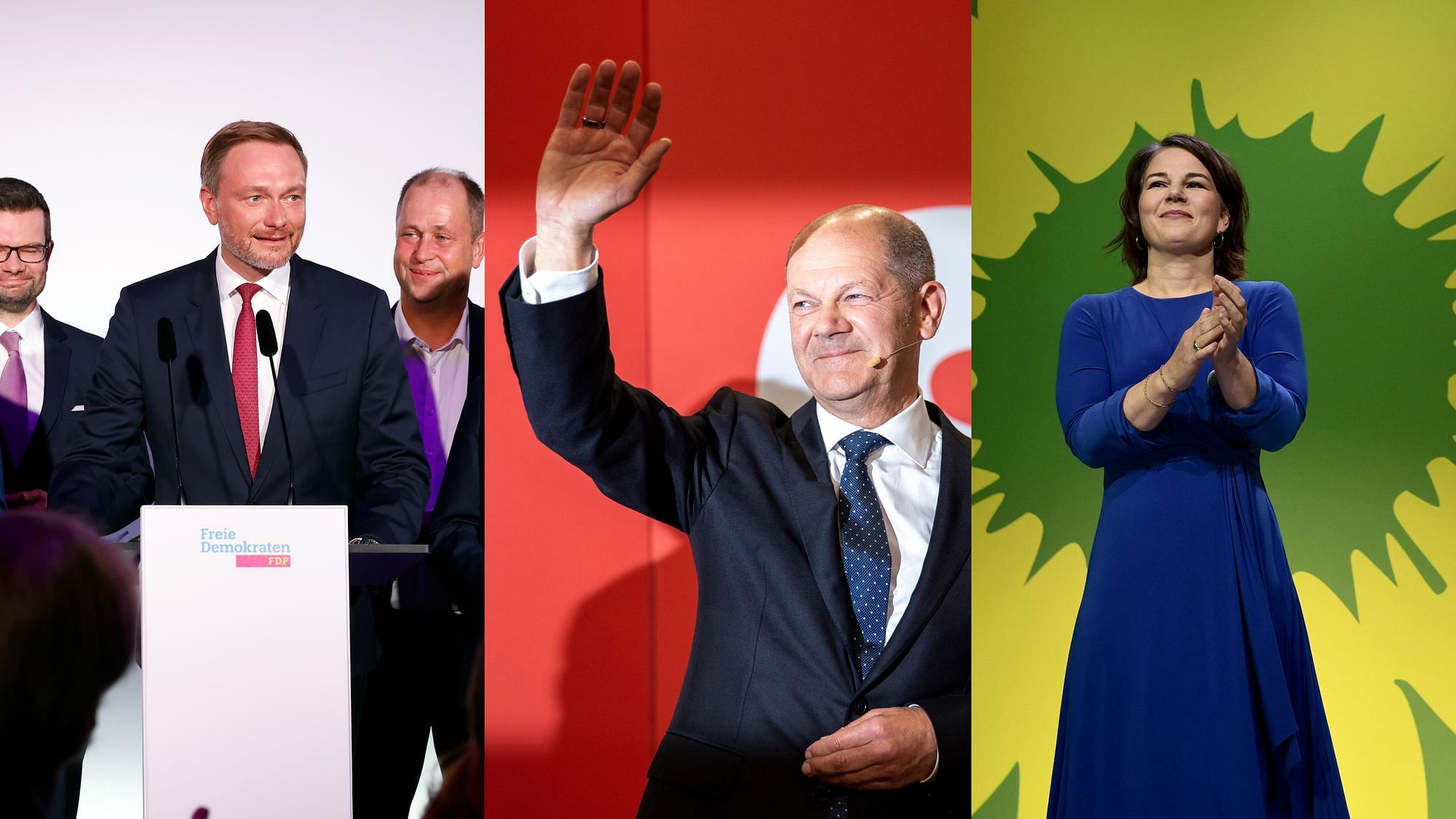 Dreiteiliges Bild, von links nach rechts: Am Wahlabend hält Christian Lindner eine Ansprache, Olaf Scholz winkt und wird vom Blitzlicht geblendet, Annalena Baerbock applaudiert vor dem Logo der Grünen.