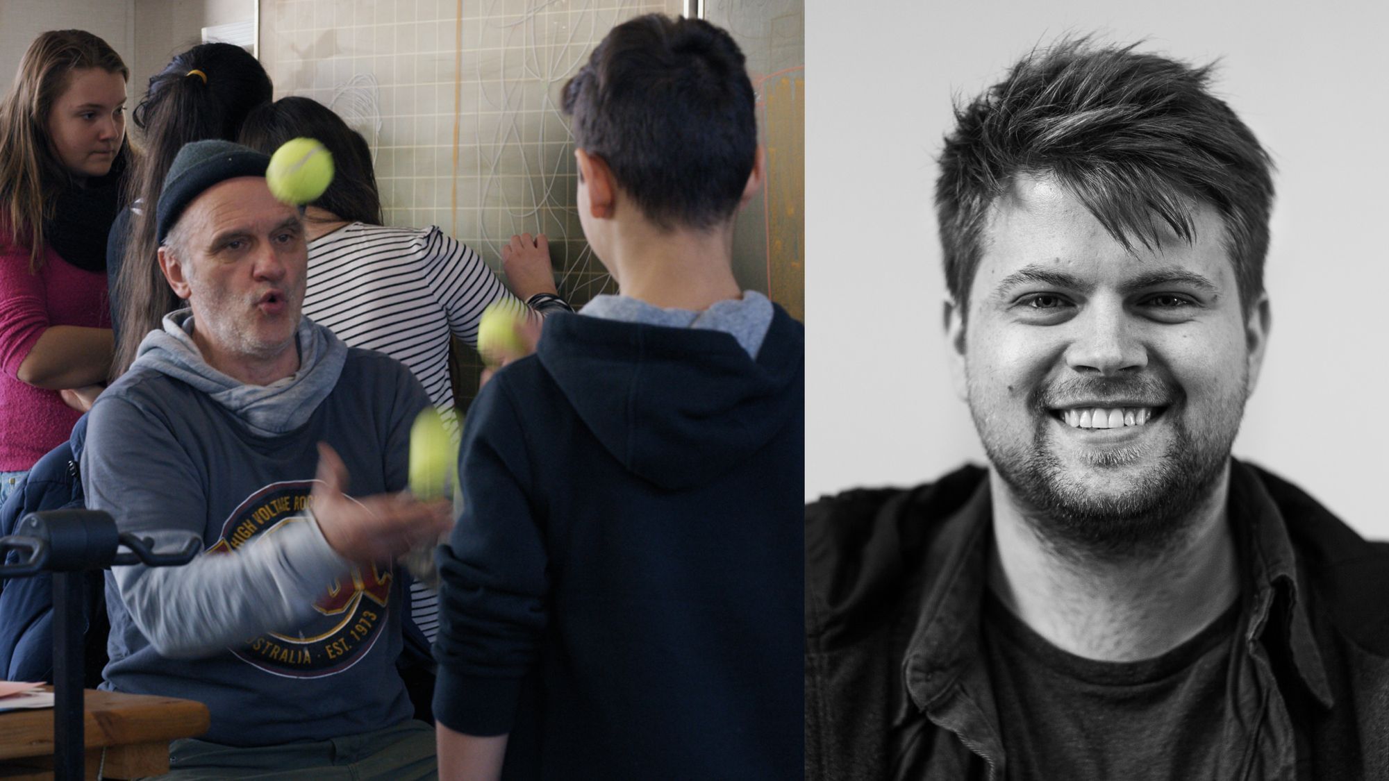 Links ein Bild von Herr Bachmann in Beanie der mit einer Schülerin jongliert. Rechts der Autor Bent Freiwald.