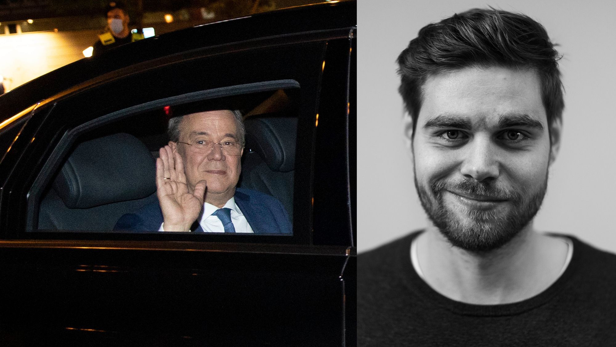 Links ein Bild von Armin Laschet der verunsichert Grüßend den Arm hebt während eine Limousine anuns vorbeifährt. Rechts der Autor Tarek Barkouni.