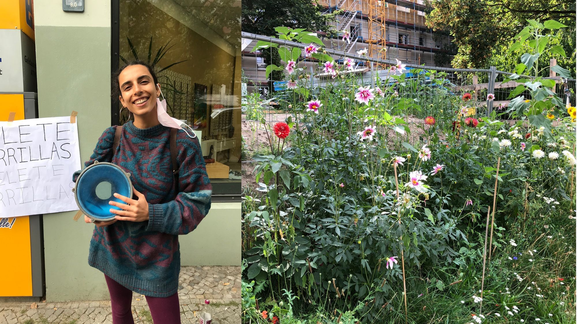 Links eine Frau die herrausfordernd in die Kamera schaut und rechts ein urbaner Garten. 