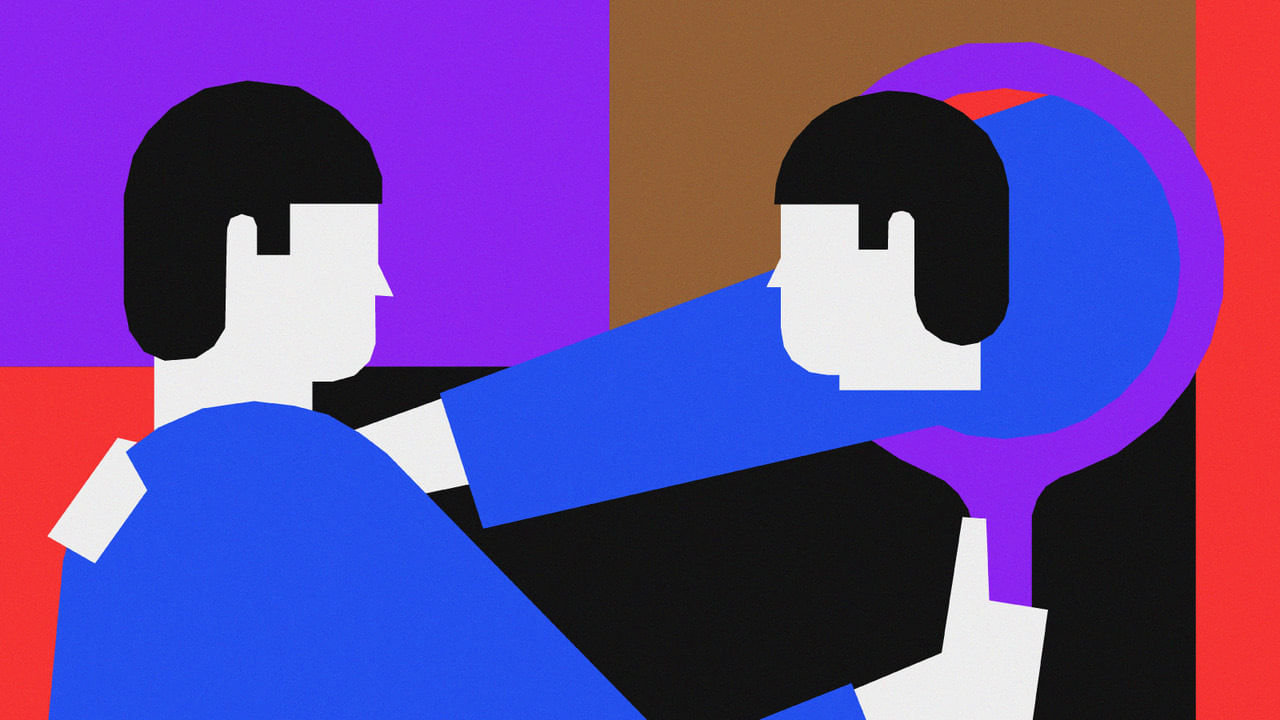 Illustration, eine Person blickt in den Spiegel, aus dem Spiegel greift eine Hand auf die Schulter.