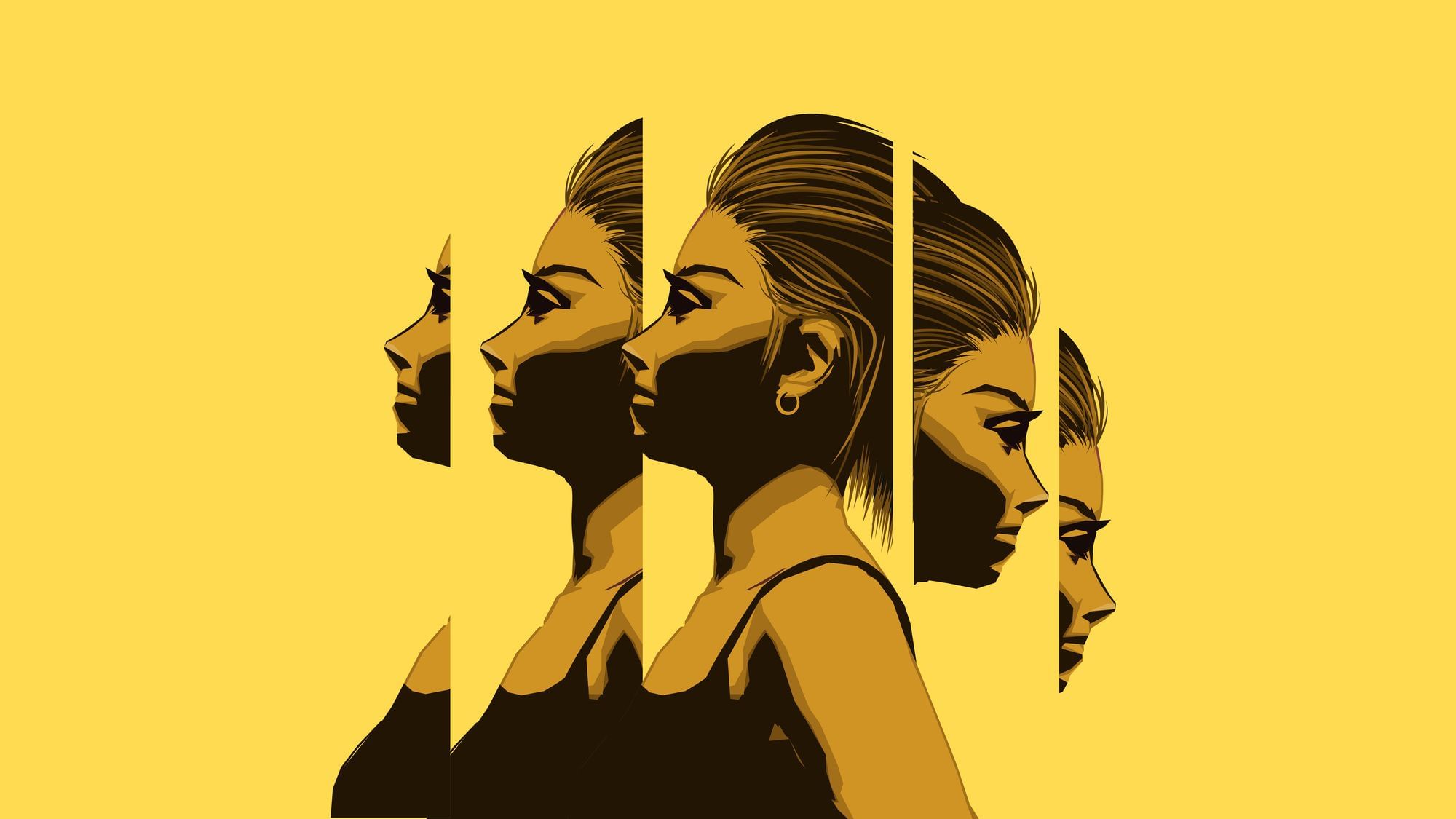 Grafik, eine Frau blickt nach oben, ihr Gesicht wie Reflektionen auf unterschiedlichen Ebenen.