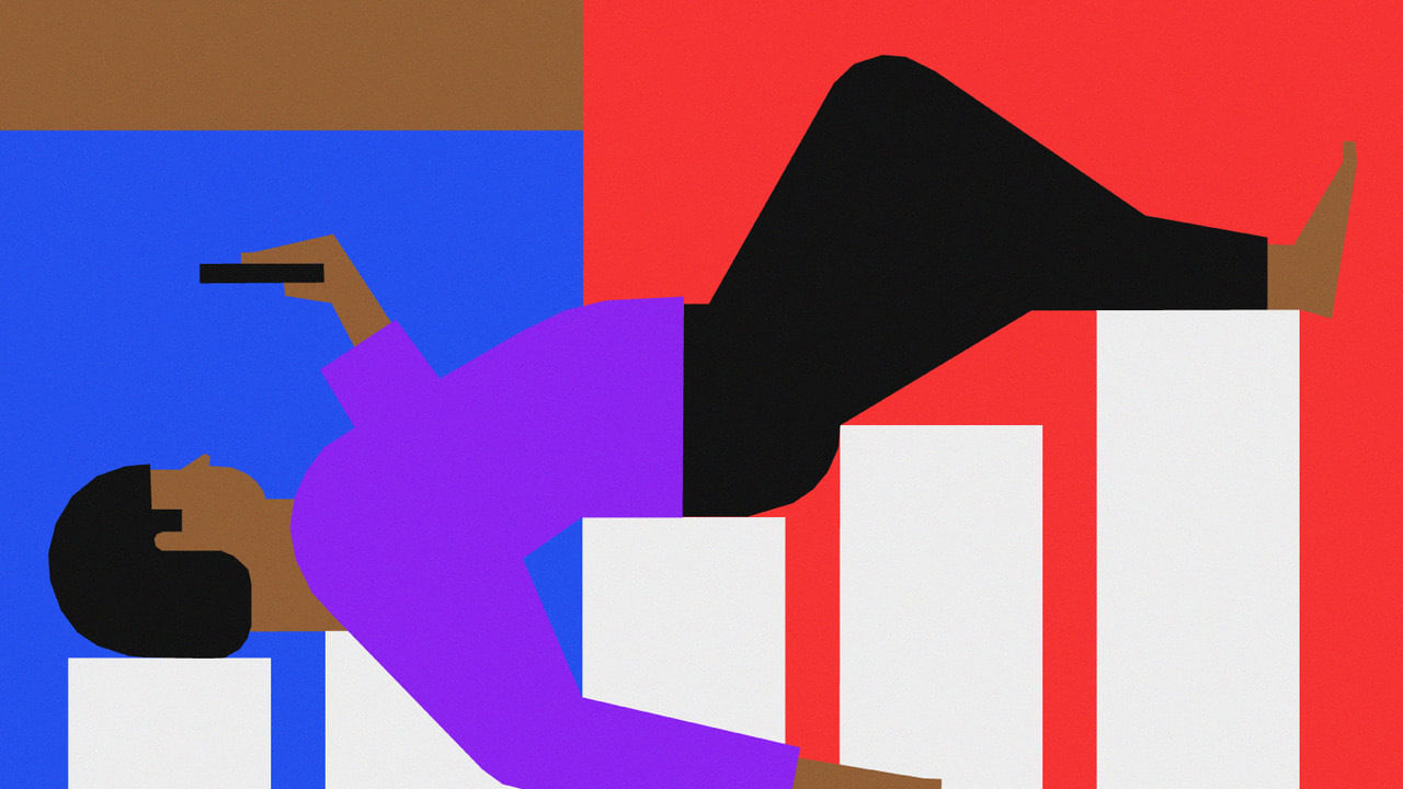 Illustration; eine Person liegt auf einer Statistik und blickt auf ihr Smartphone.