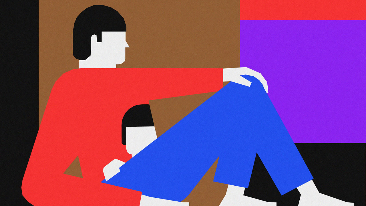 Auf der Illustration ist ein Mann zu sehen, der im Bild steckt, als stecke er in einer großen Box fest. Aus seinem Bauch guckt ein Männchen heraus.