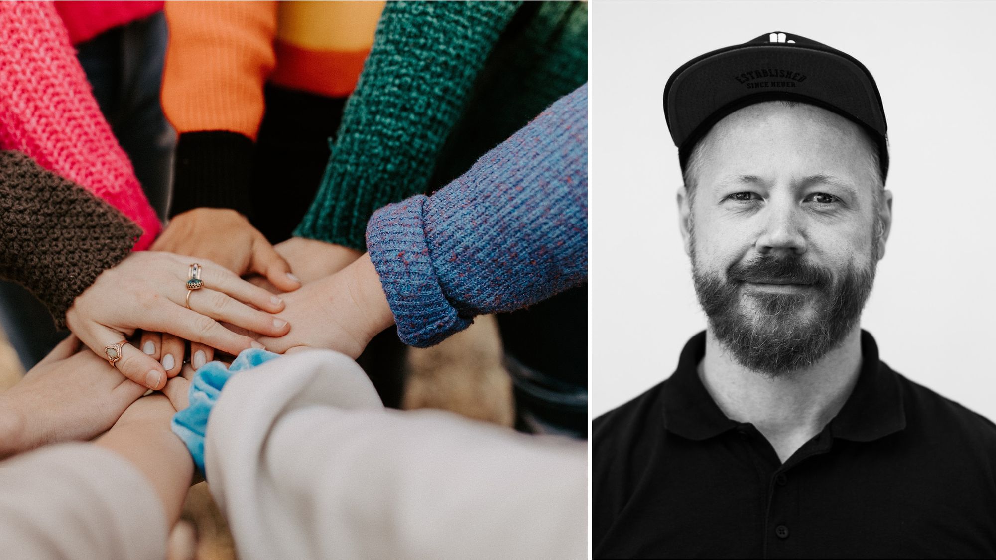 Links: Hände halten im Kreis zusammen, ein Symbol for Solidarität. Rechts ein Porträt des Autors Martin Gommel. 