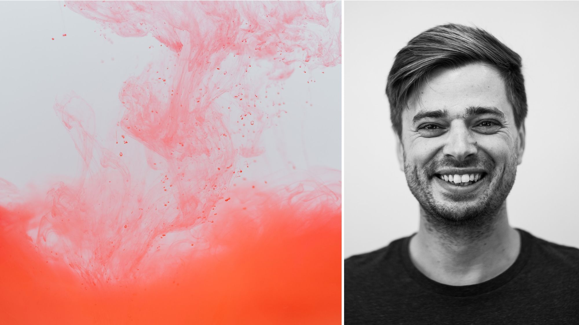 Links: ein roter Tropfen fällt und löst sich in einer klaren Flüsigkeit. Rechts: der Autor, Rico Grimm.