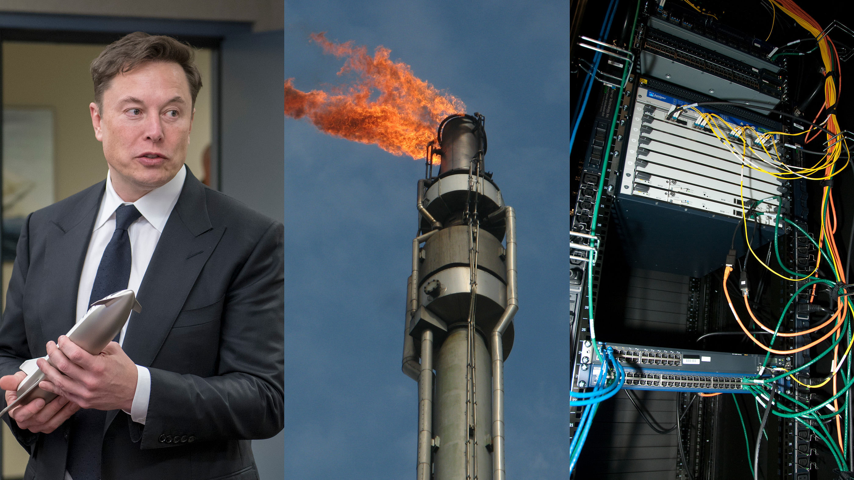 Drei-teiliges Kompositbild. Links Elon Musk mit einer Rakete in der Hand: mittig eine flackernde Gasfackel; rechts ein Serverturm.
