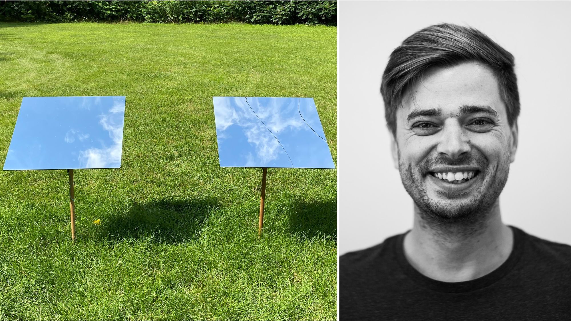 Links, Spiegel die Teil eines Geoengineering Projekts sind auf einer Wiese aufgebaut. Rechts: Der Autor, Rico Grimm