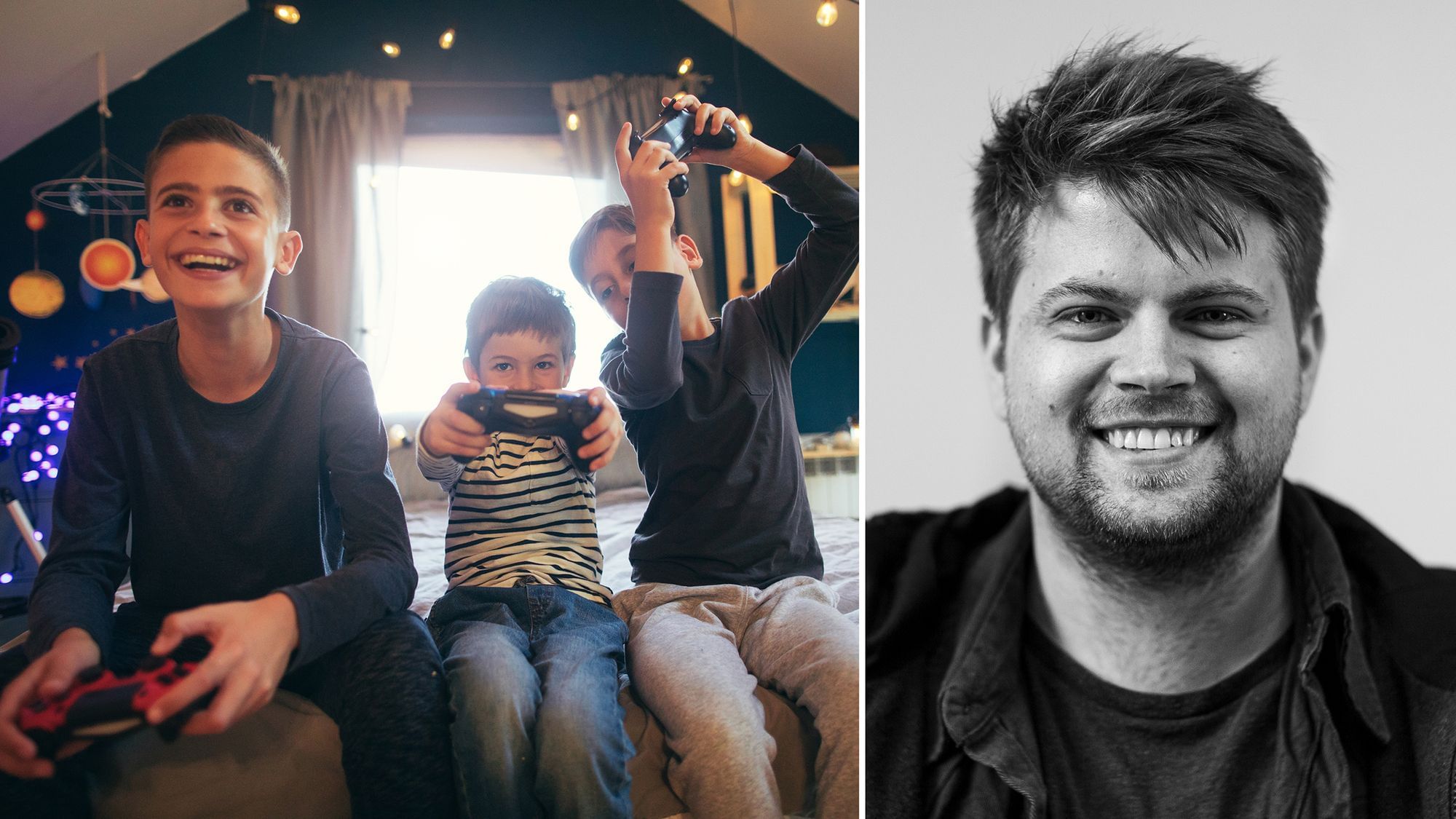Links: Drei Jungs mit einem Spiele-Controller in der Hand. Rechts: Der Autor Bent Freiwald. 