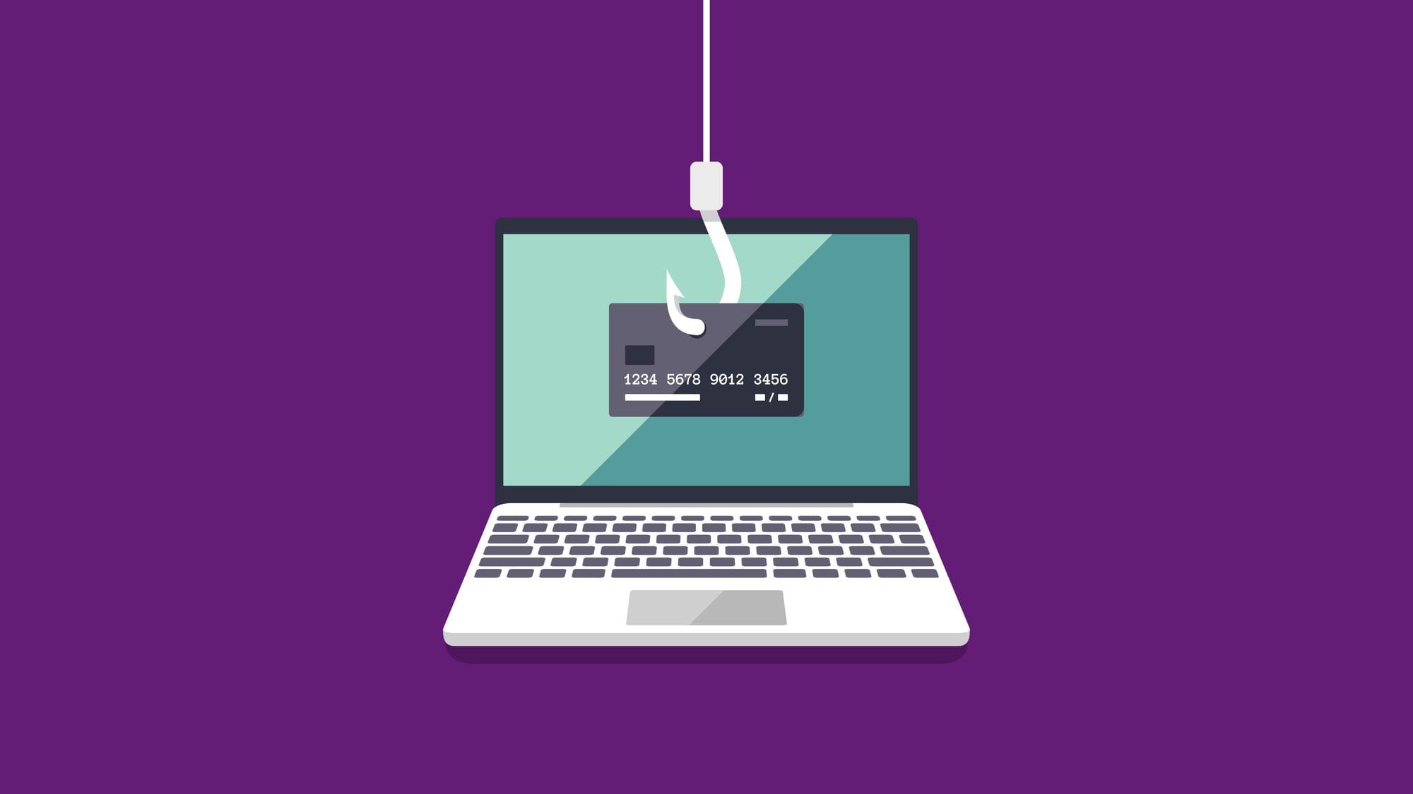 Illustration: Ein Angelhaken fischt eine Kreditkarte aus einem Laptop