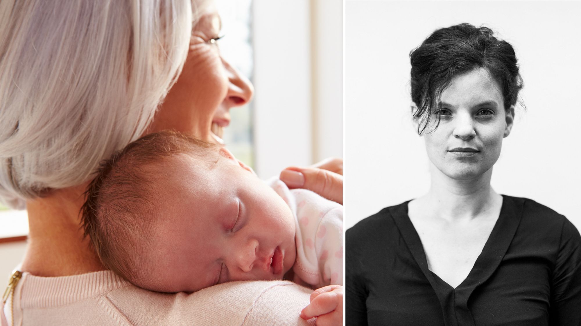 Links: Eine Frau mit grauen Haaren hält ein Baby auf der Schulter. Rechts: Ein Portrait der Autorin.
