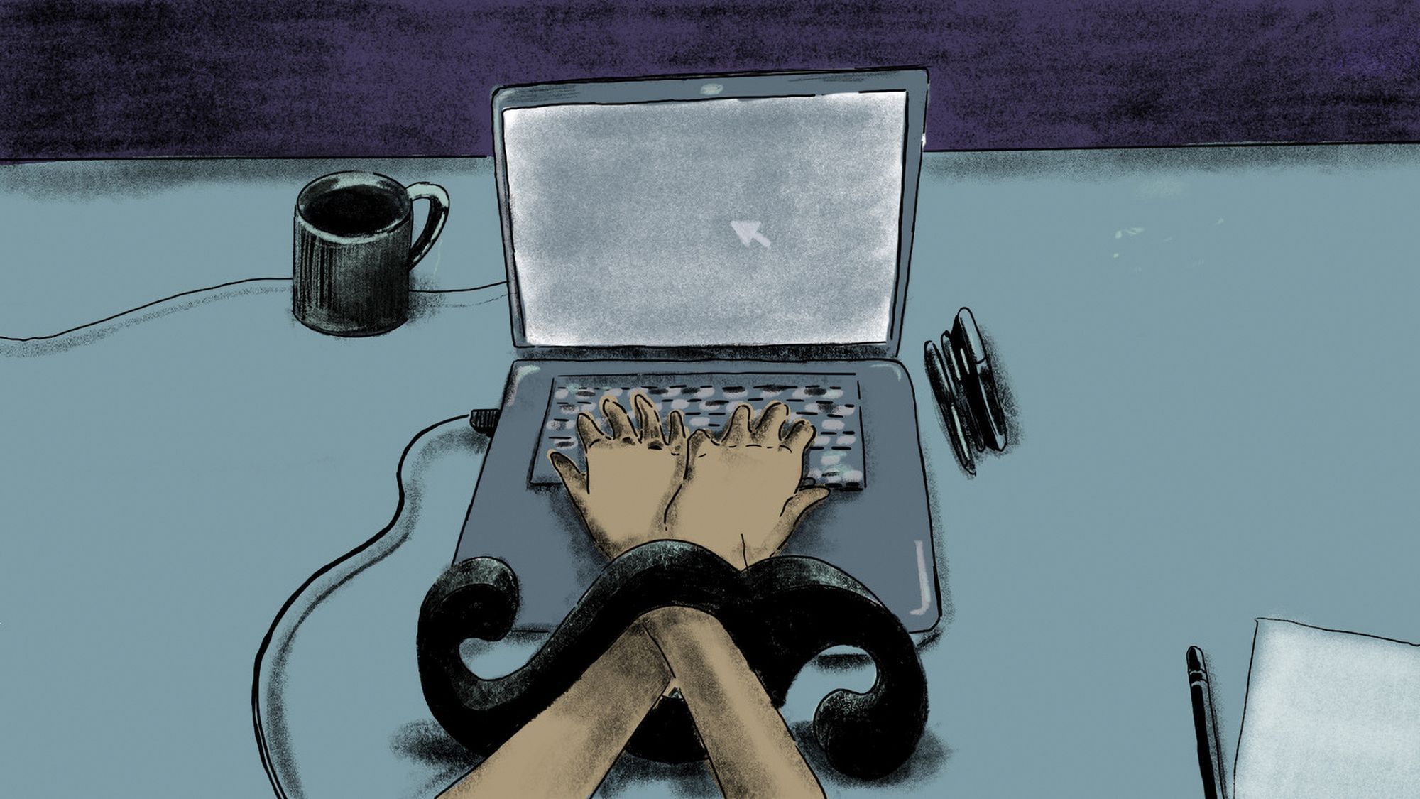 Die Illustration zeigt Hände an einem Laptop, die durch ein Paragrafenzeichen zusammengebunden sind.