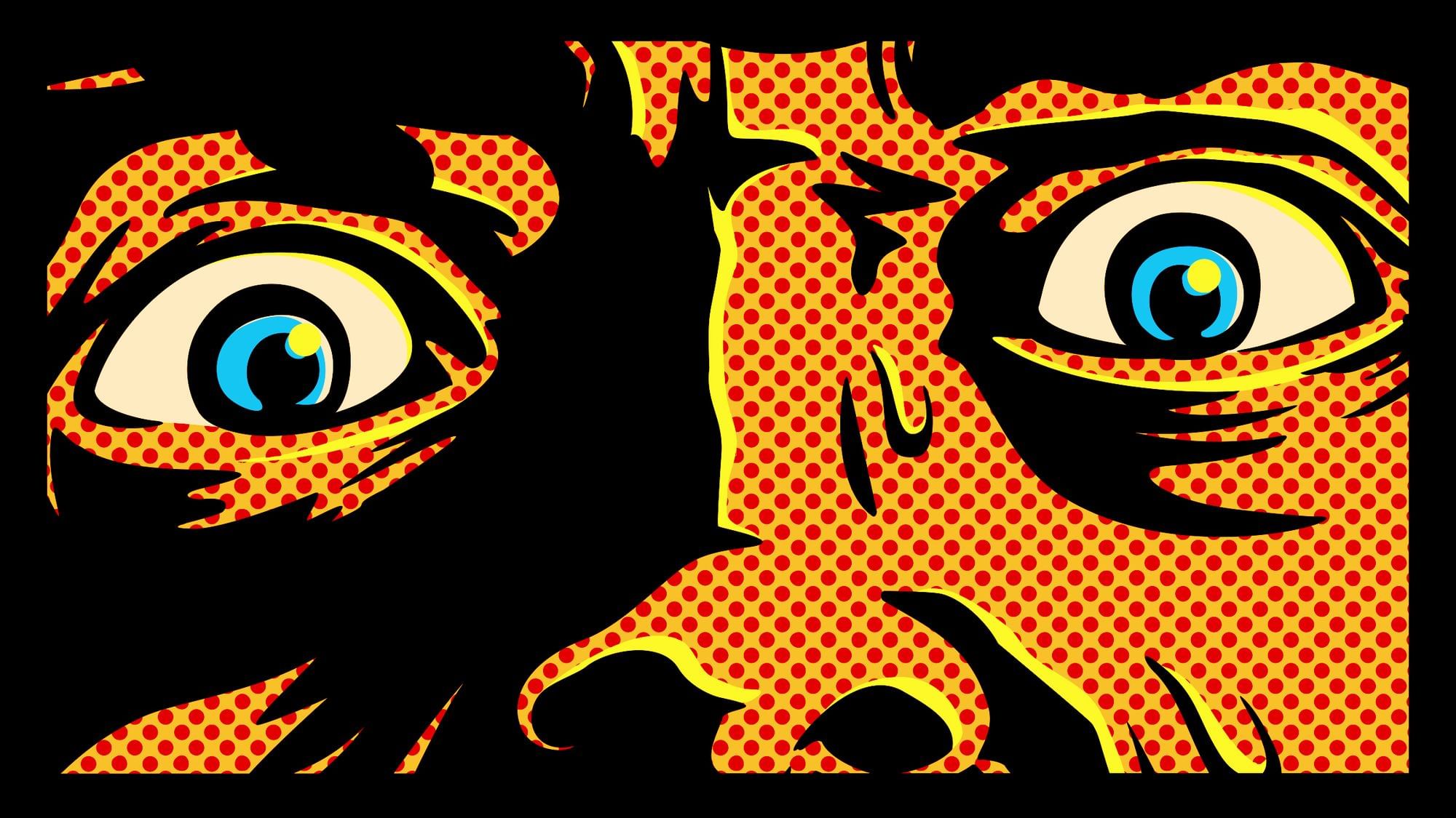 Illustration: Ein sich paar Augen blickt in die Kamera, die linke Hälfte liegt im Schatten. Der Mensch fürchtet sich.