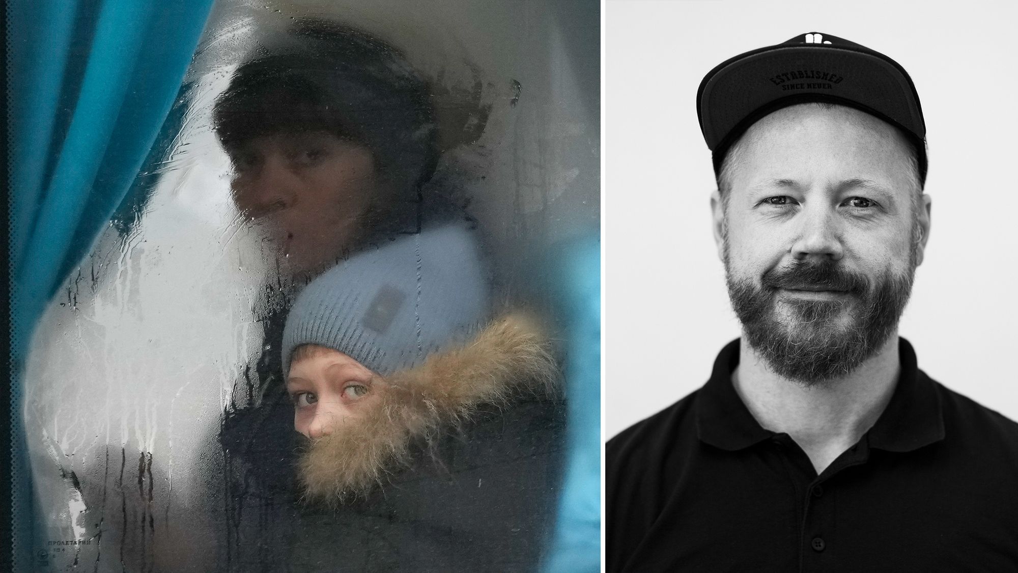 Links. Eine Frau und ein Kind blicken aus einem Bus in die Kamera. Die Fensterscheibe ist beschlagen. Rechts: Ein Portrait von Martin Gommel