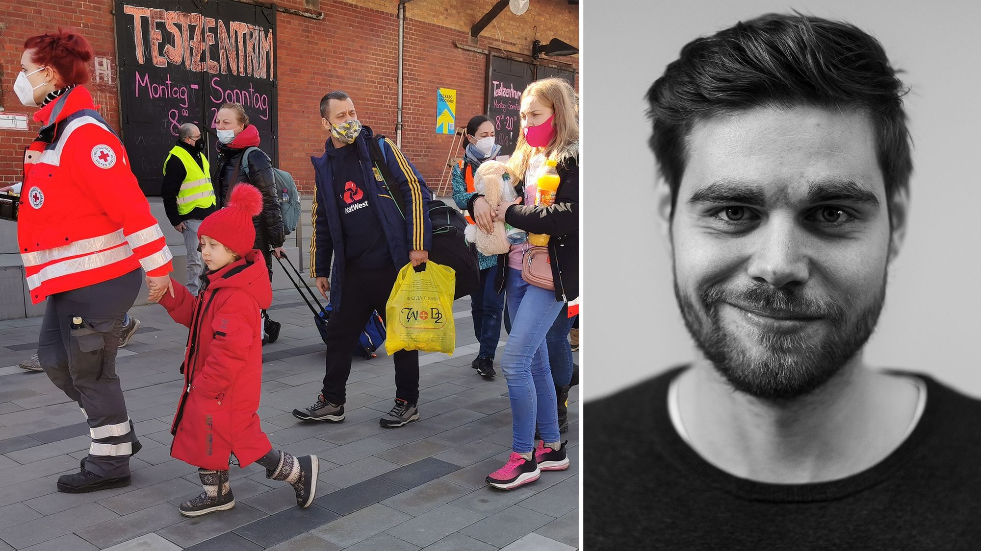 Links: Ankommende Geflüchtete in Cottbus. Eine Frau vom roten Kreuz hält ein Kind an der Hand, dahinter laufen mehrere andere Menschen, sie tragen Tüten und Lebensmittel. Rechts: Ein Portrait von Tarek. 
