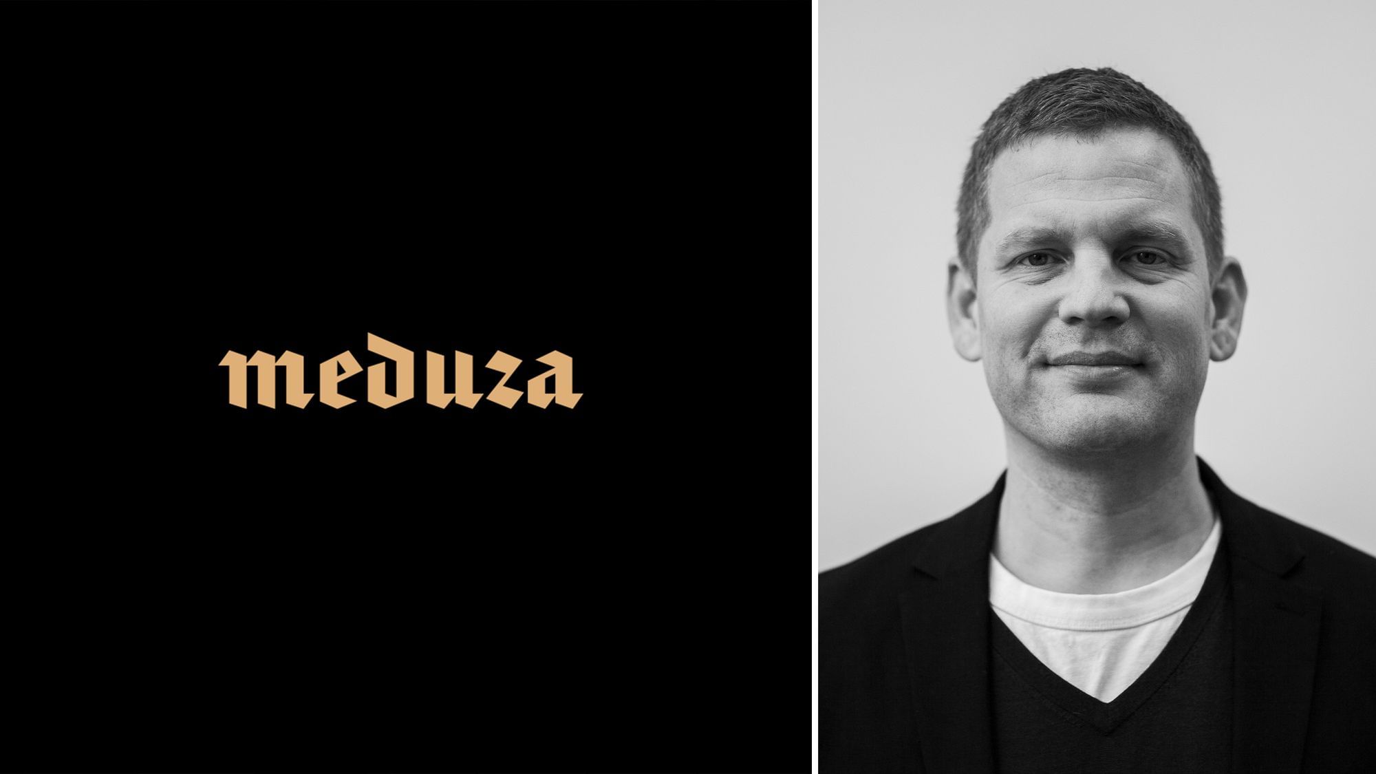 Links: Logo russisches Magazin Meduza.io, Rechts: Ein Portrait von Sebastian