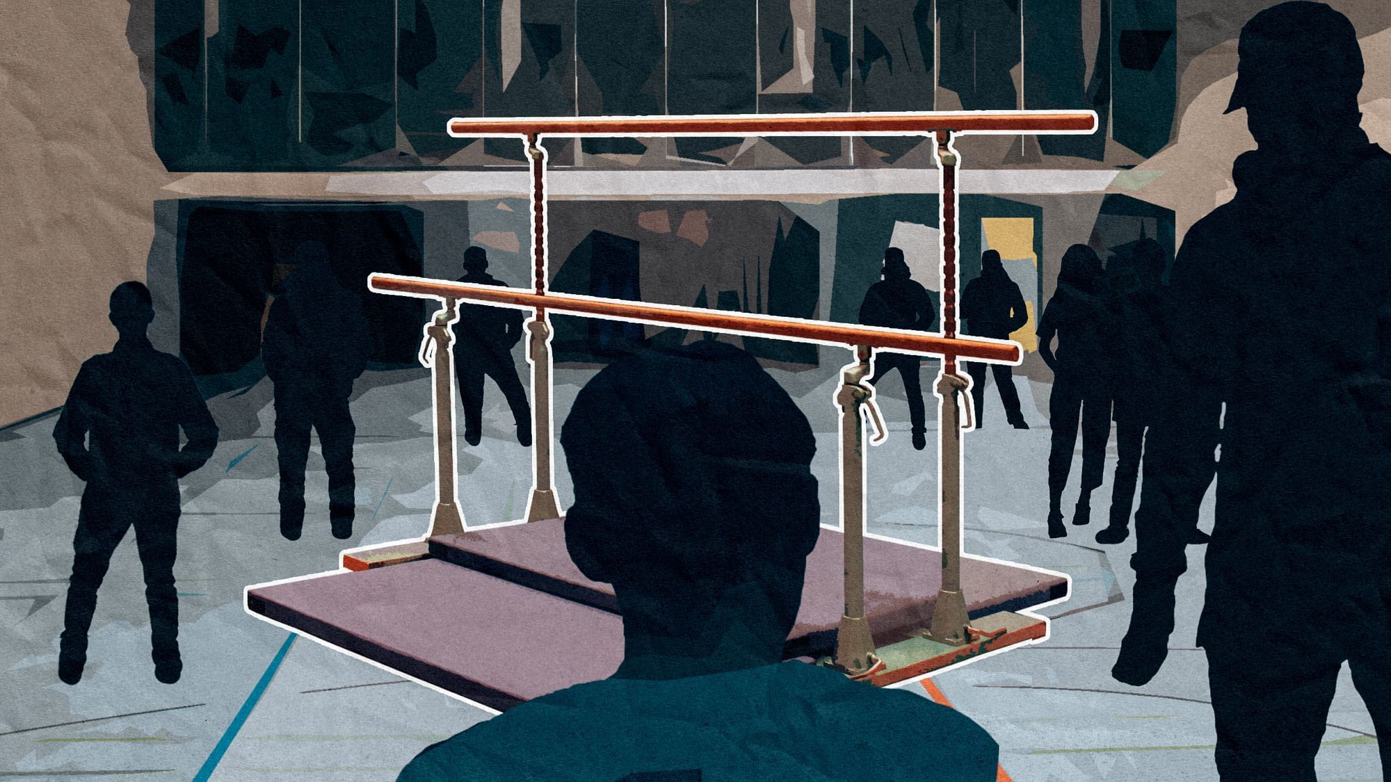 Ein Junge steht vor einem Barren, rechts von ihm steht der Sportlehrer. Im Hintergrund stehen viele Mitschüler, die ihm zusehen.