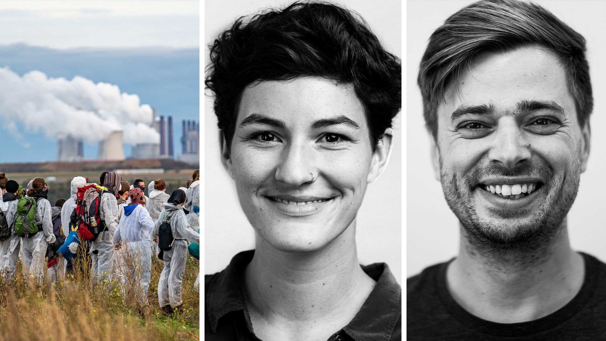 Links: Demonstrierende vor den Braunkohlewerk Garzweiler. Rechts: Die Autor:innen Marie und Rico.